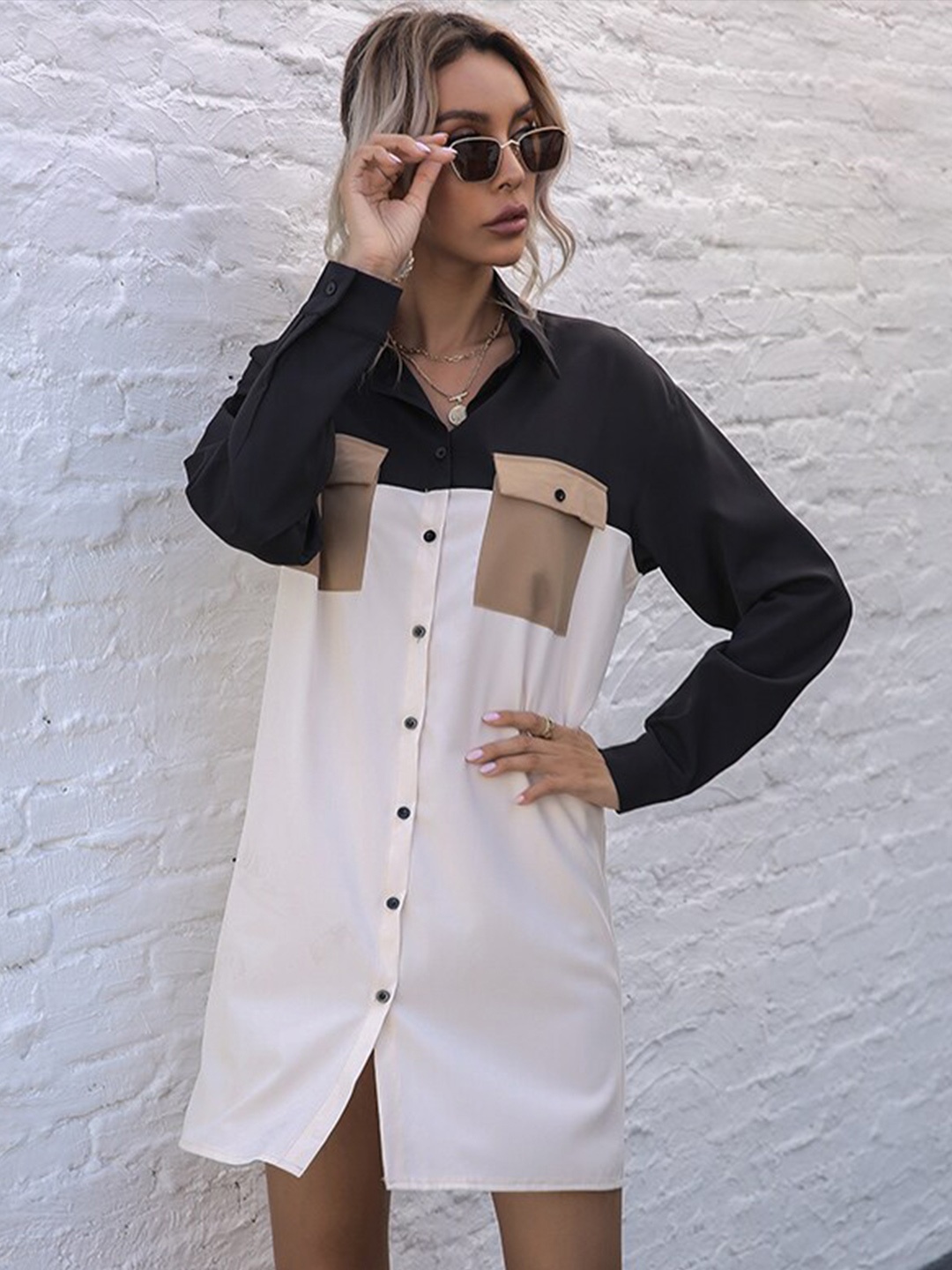 

StyleCast White Colourblocked Shirt Collar Cuffed Sleeves Mini Shirt Dress