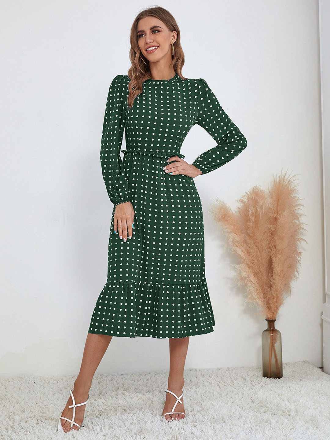 

StyleCast Green Polka Dot Printed Puff Sleeve Ruffled Fit & Flare Midi Dress