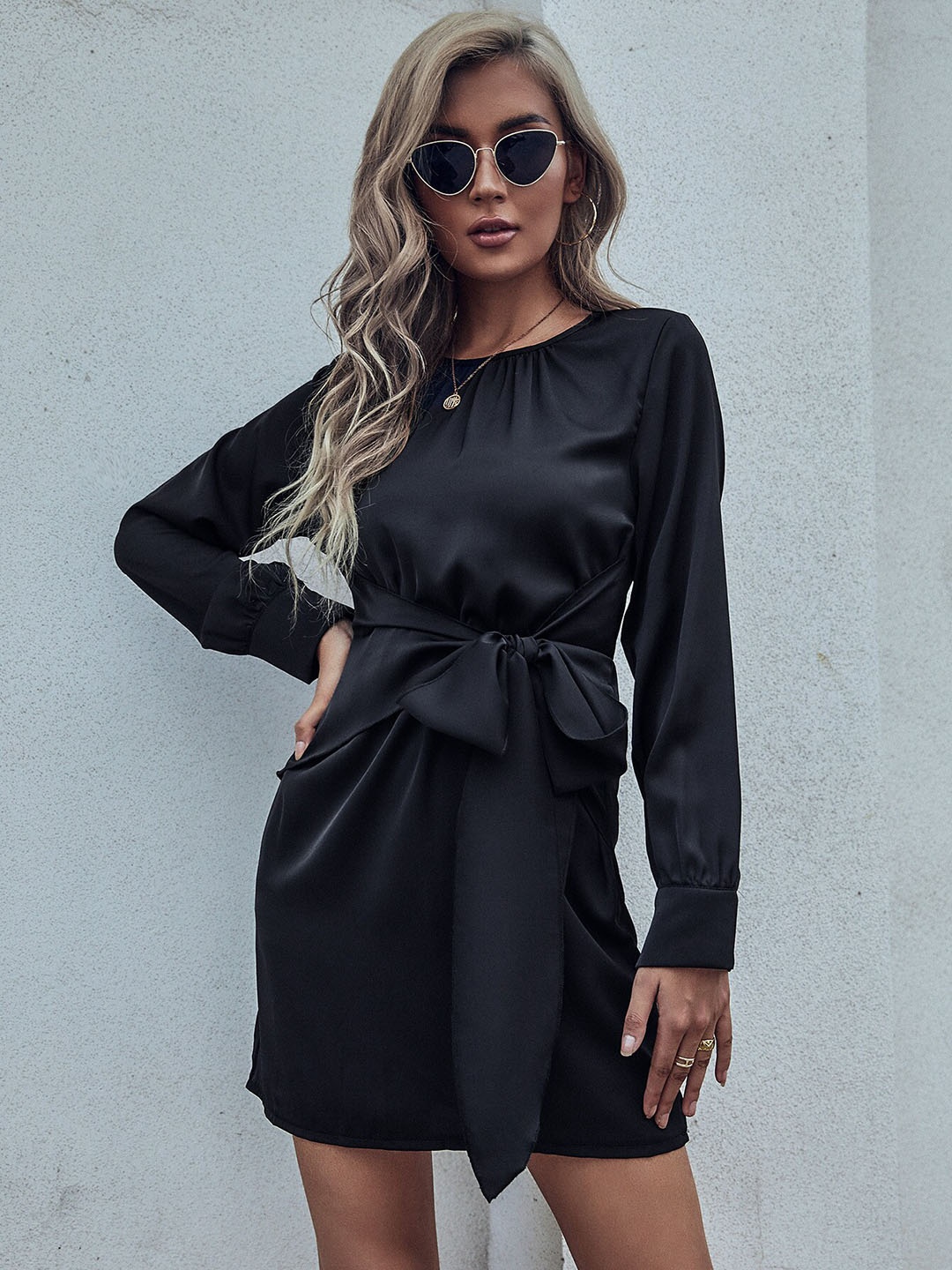 

StyleCast Black Cuffed Sleeves Tie-Up Detailed A-Line Mini Dress