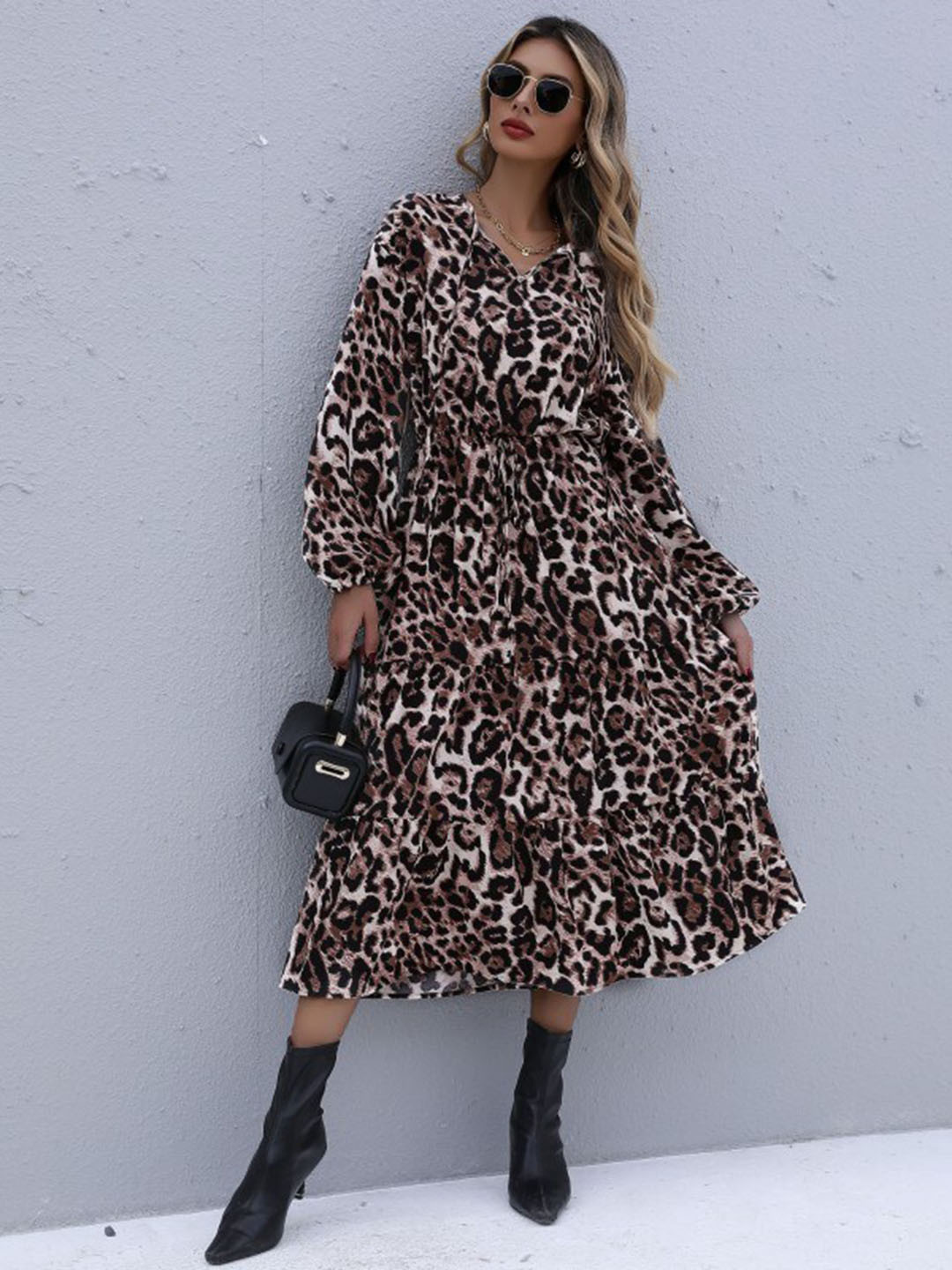 

StyleCast Brown Animal Print Puff Sleeves A-Line Midi Dress
