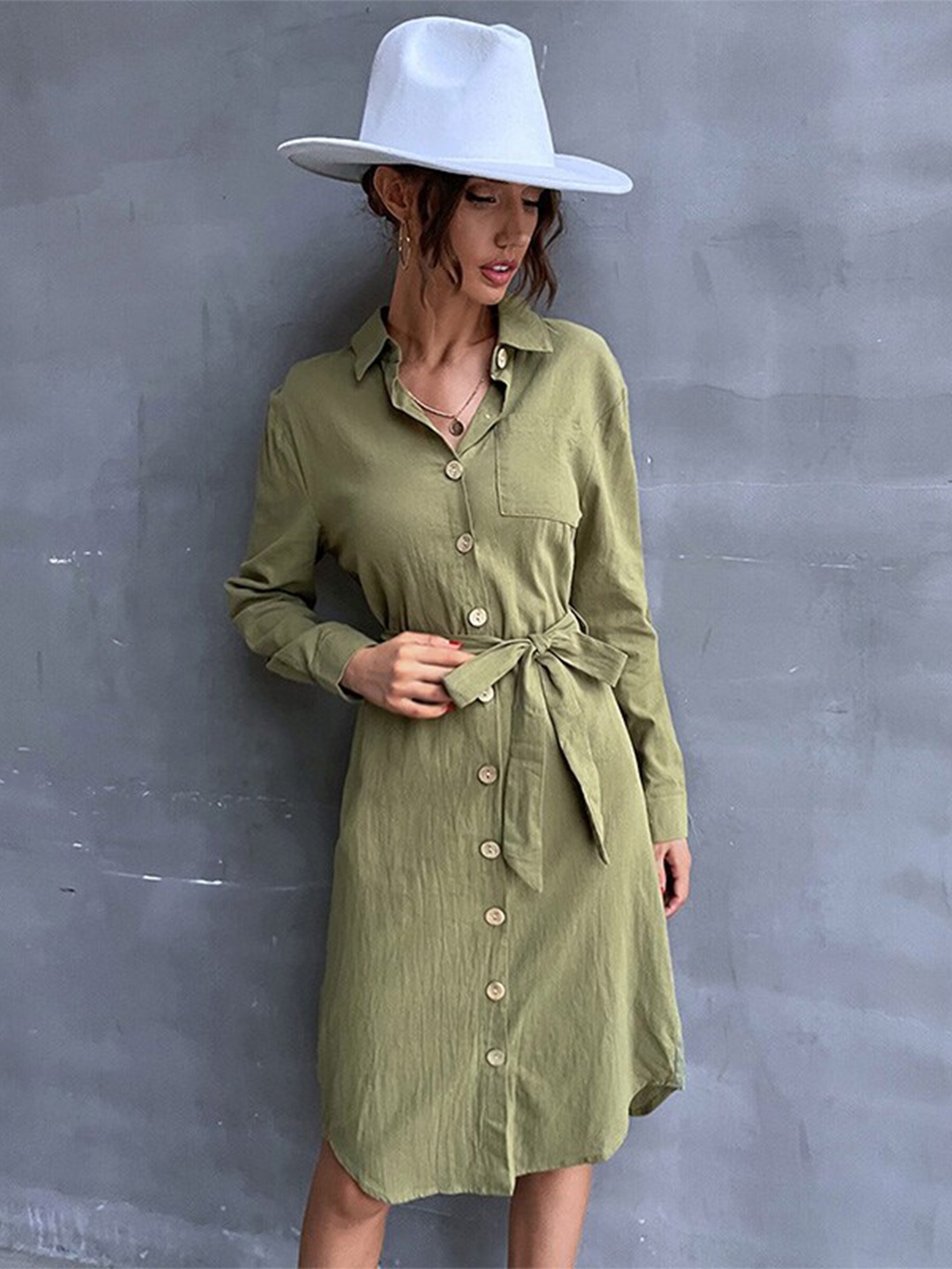 

StyleCast Green Shirt Collar Cuffed Sleeves Tie Up Shirt Dress