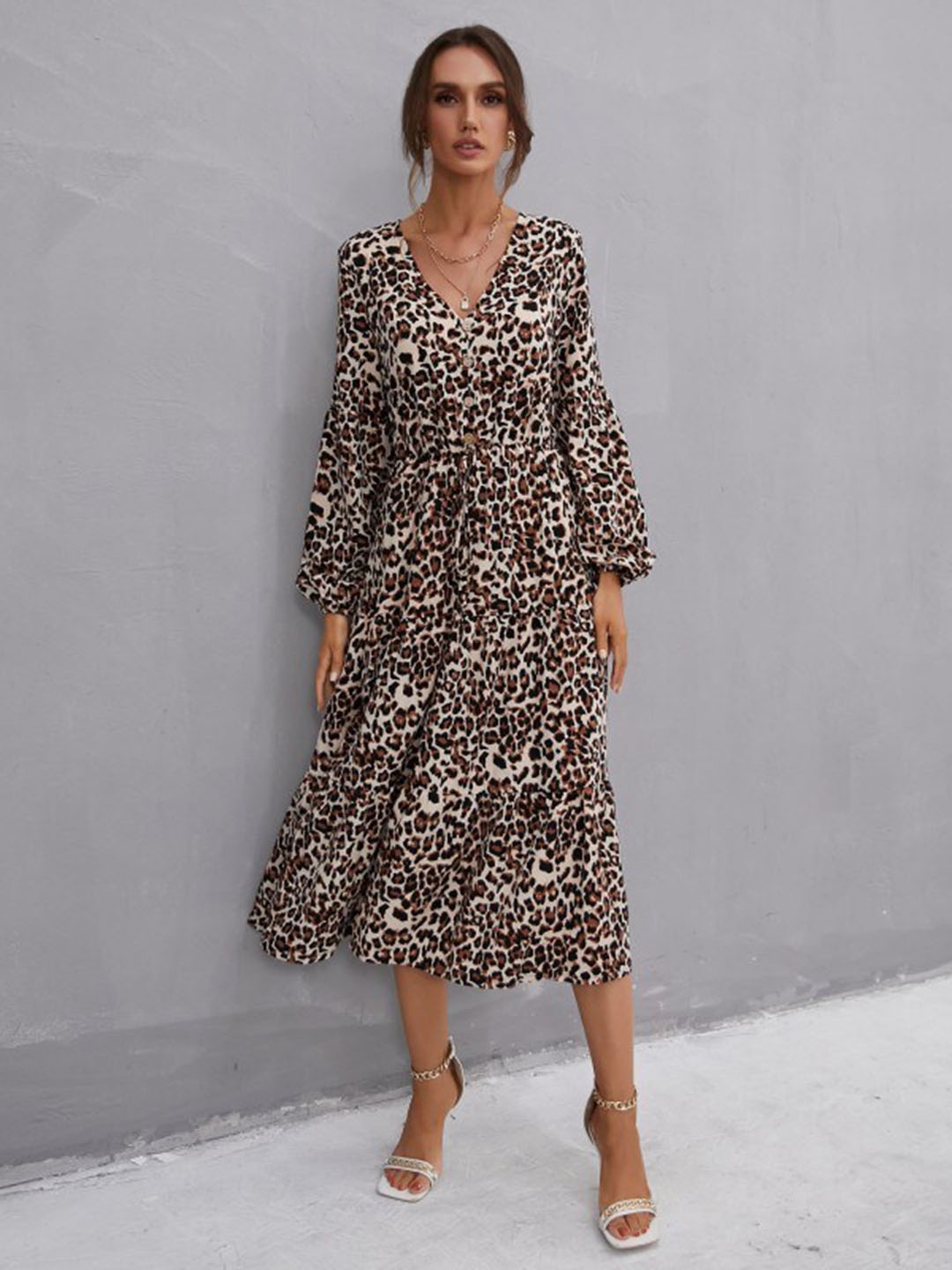 

StyleCast Coffee Brown Animal Printed V-Neck A-Line Midi Dress