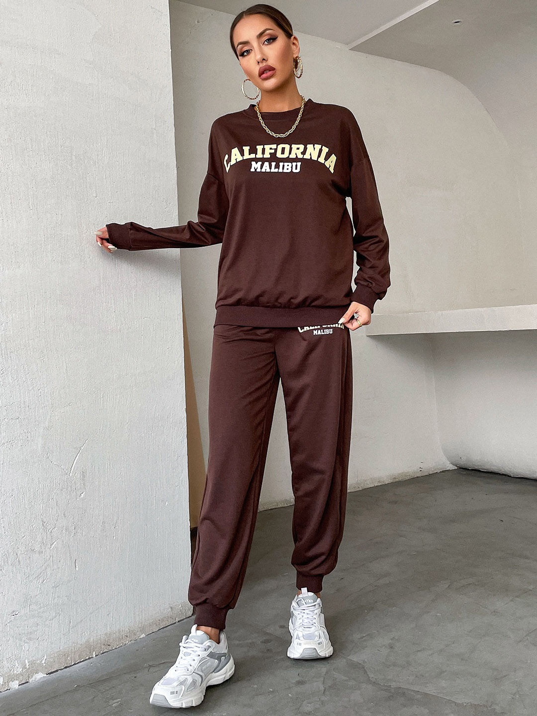 

StyleCast Maroon Typography Printed Sweatshirt With Joggers, Coffee brown