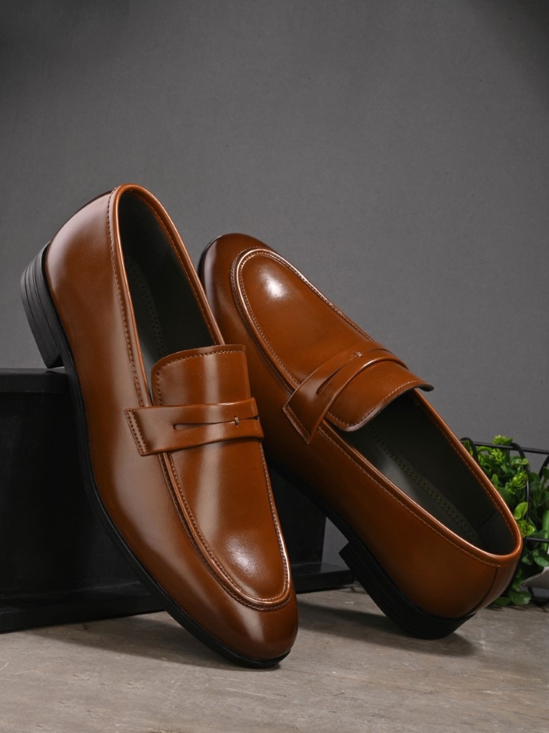 

House of Pataudi Men Round Toe Formal Penny Loafers, Tan