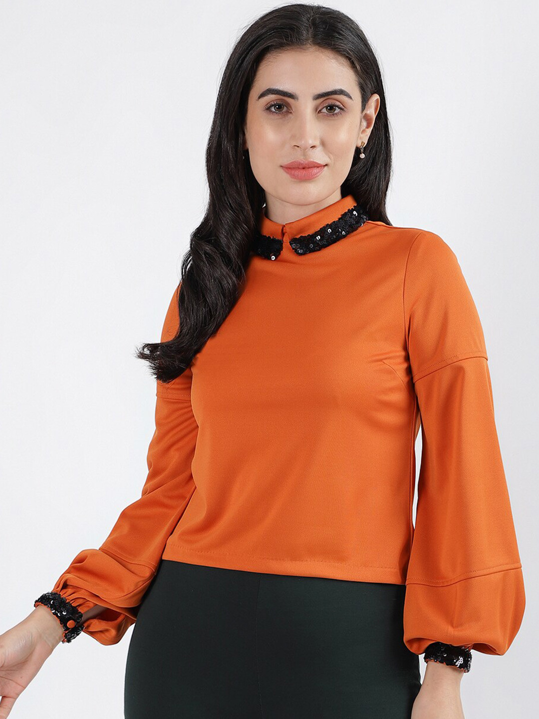 

CENTRESTAGE Sequinned High Neck Bishop Sleeves Top, Rust
