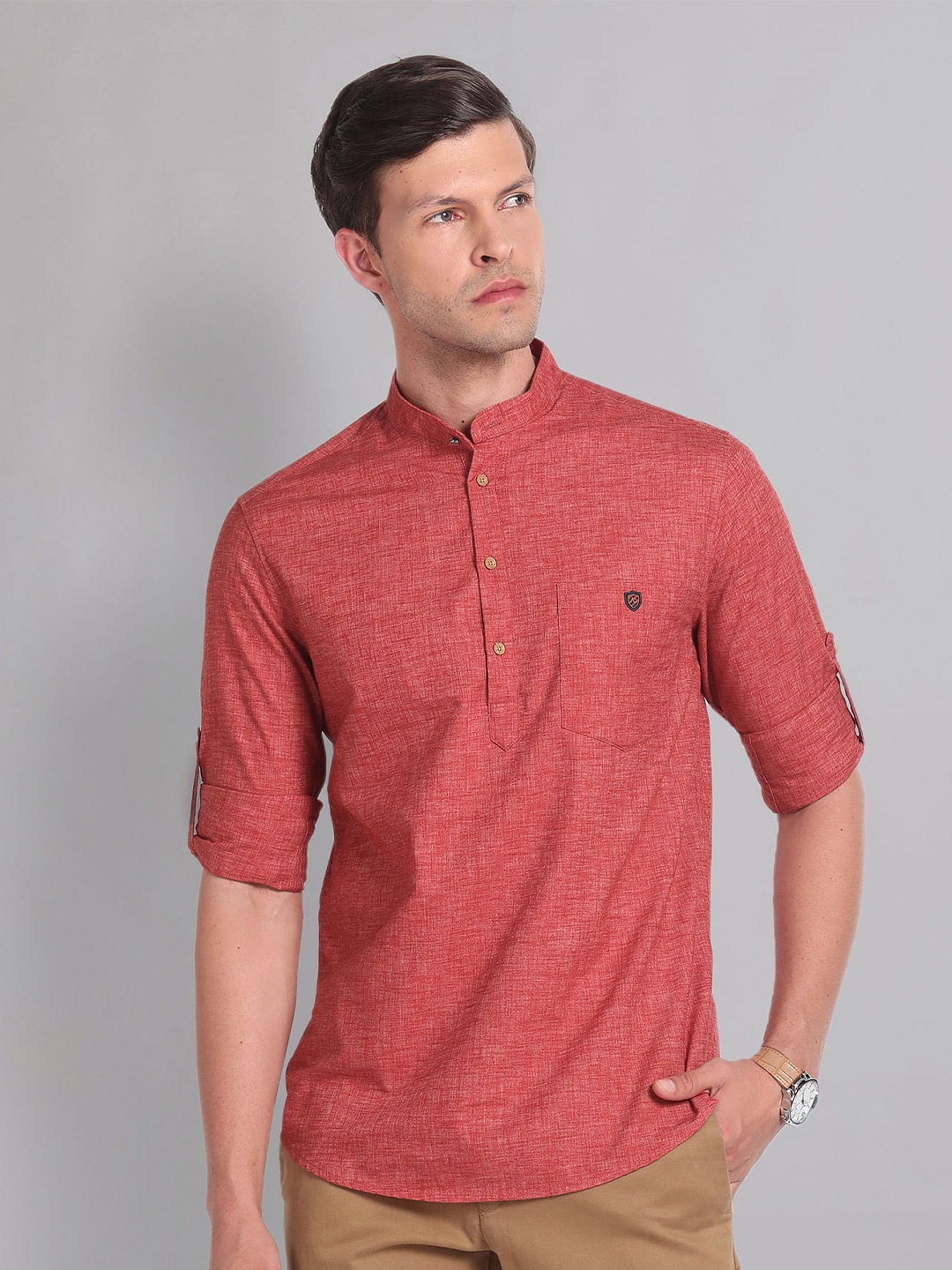 

AD By Arvind Classic Slim Fit Mandarin Collar Roll-Up Sleeves Casual Shirt, Red