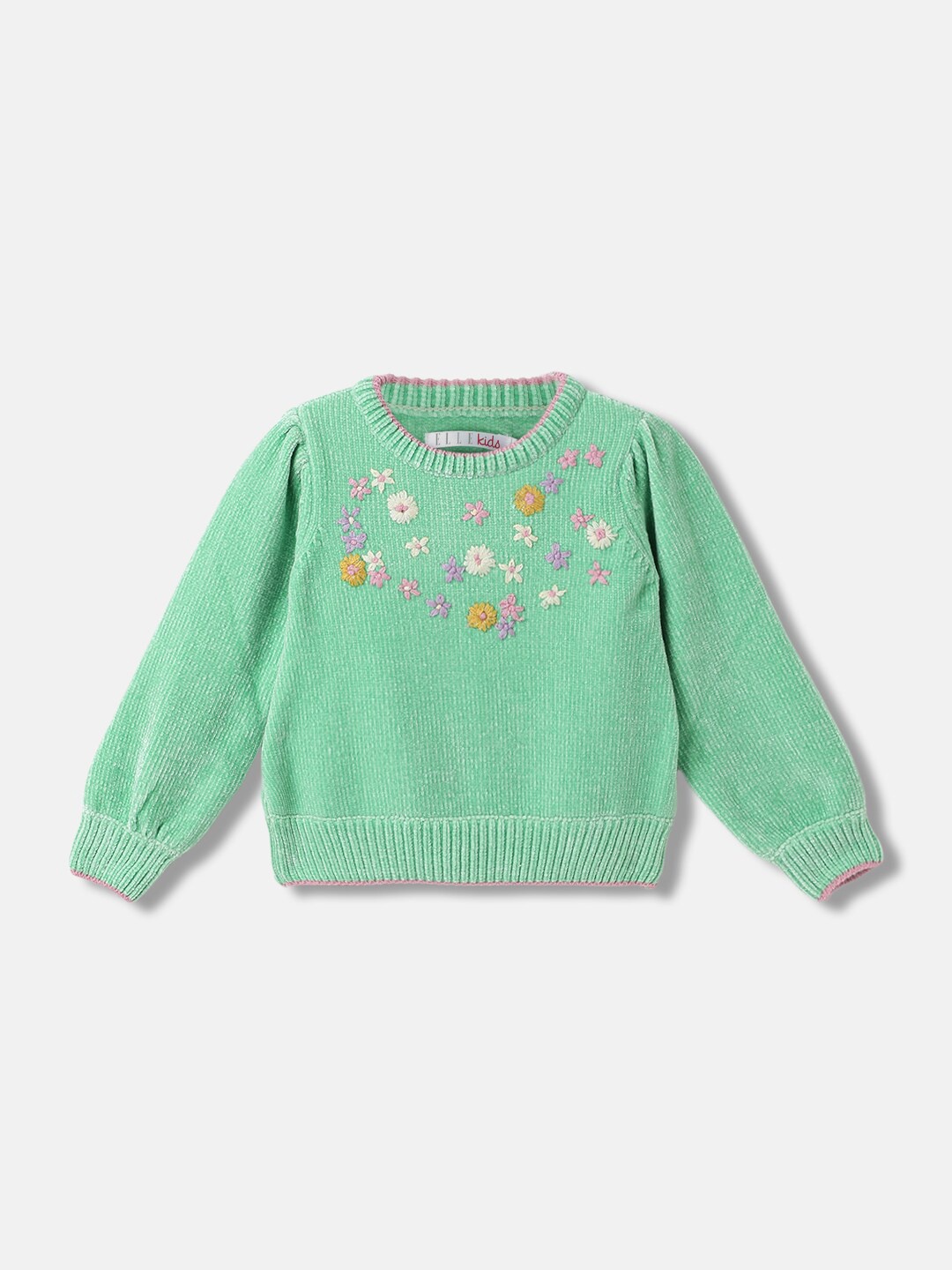 

ELLE Girls Green Floral Embroidered Round Neck Pure Cotton Pullover