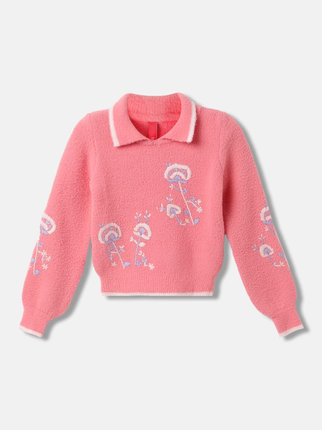 

Blue Giraffe Girls Floral Printed Shirt Collar Pullover Sweater, Pink