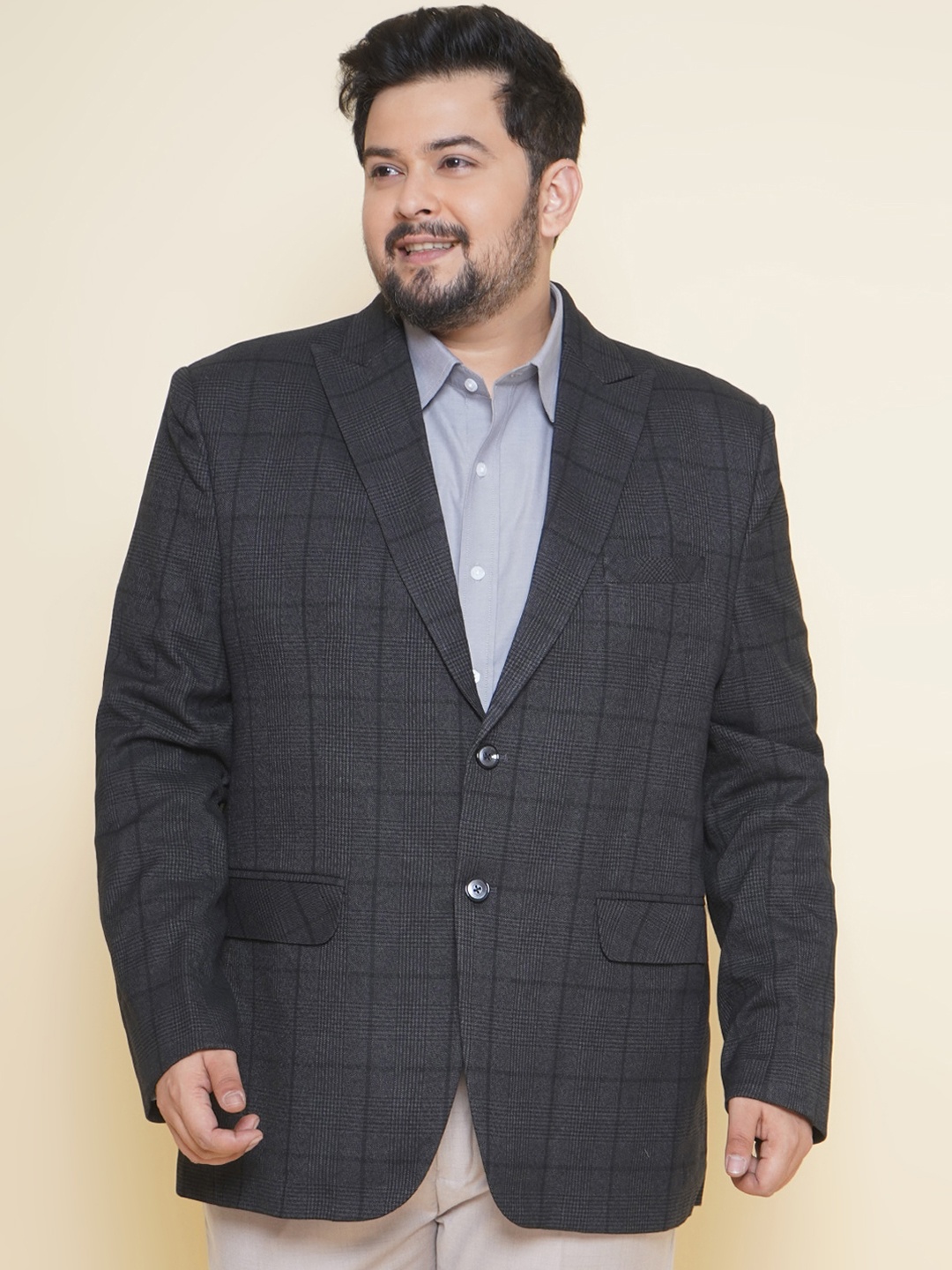 

John Pride Plus Size Checked Single-Breasted Formal Blazer, Black