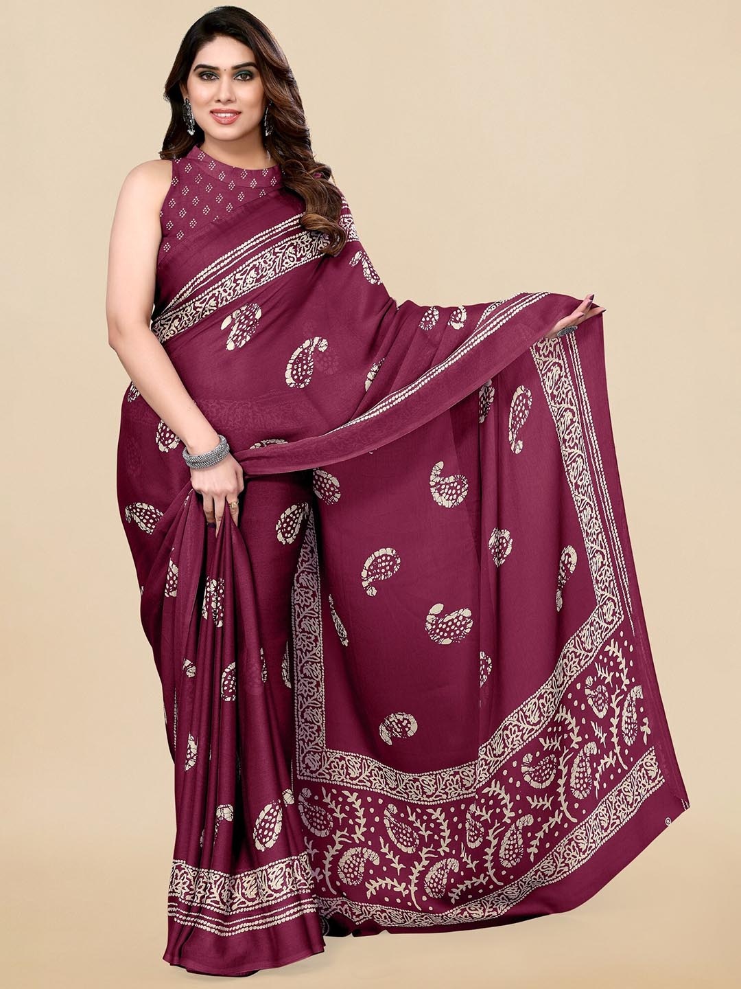 

KALINI Magenta & White Paisley Poly Chiffon Block Print Saree