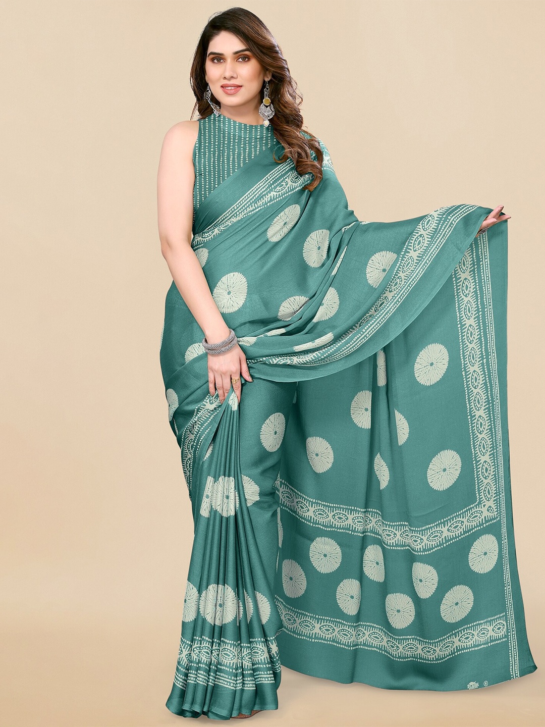 

KALINI Geometric Printed Block Print Saree, Blue