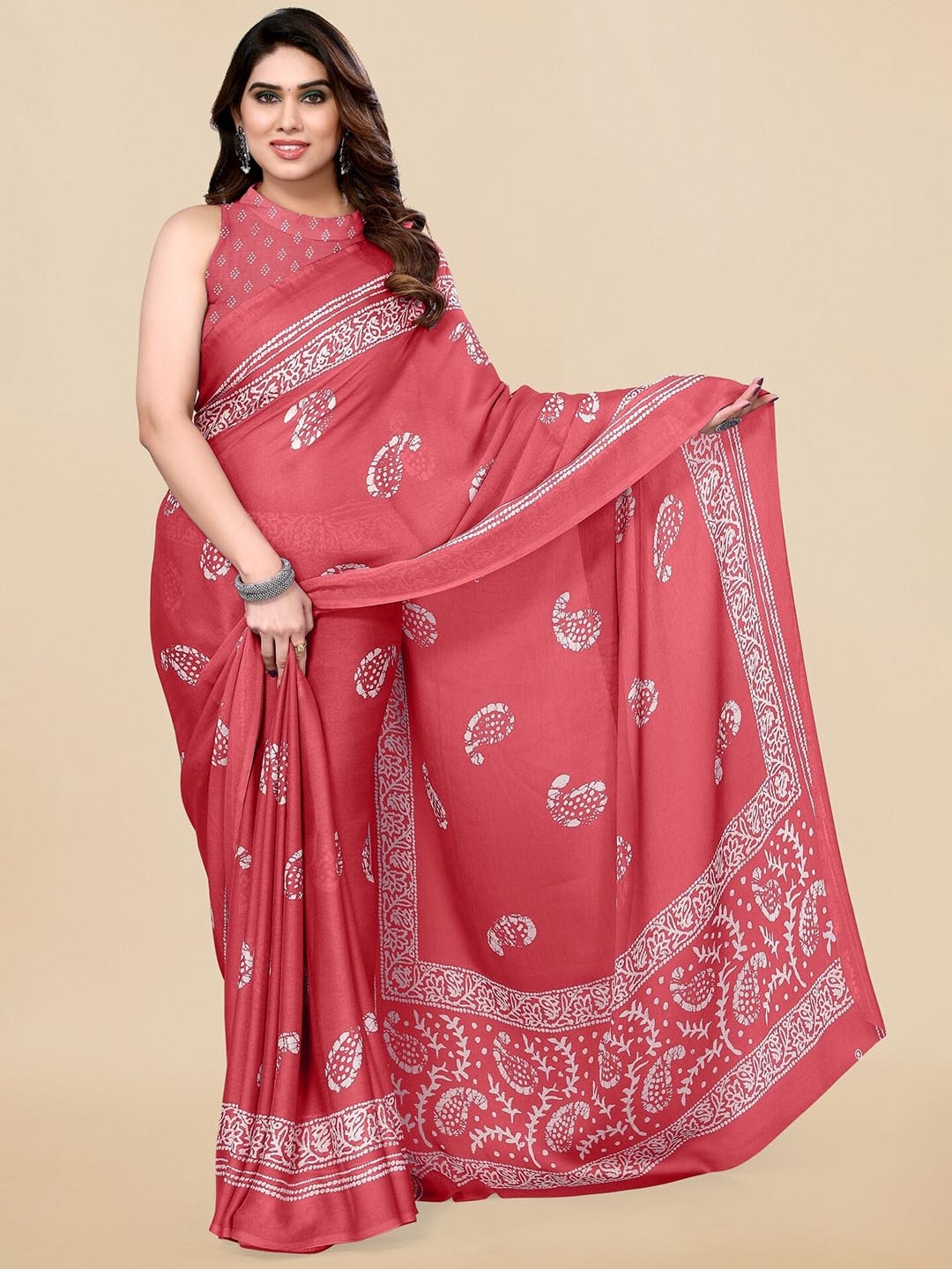 

KALINI Paisley Printed Block Print Saree, Peach