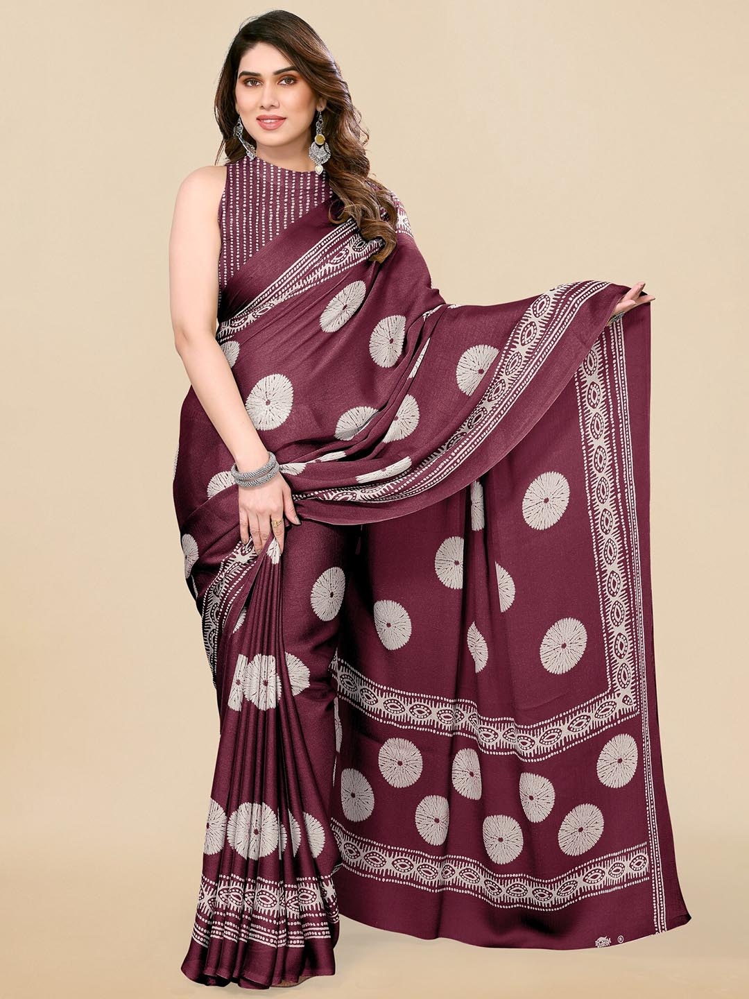 

KALINI Magenta & White Batik Poly Chiffon Block Print Saree