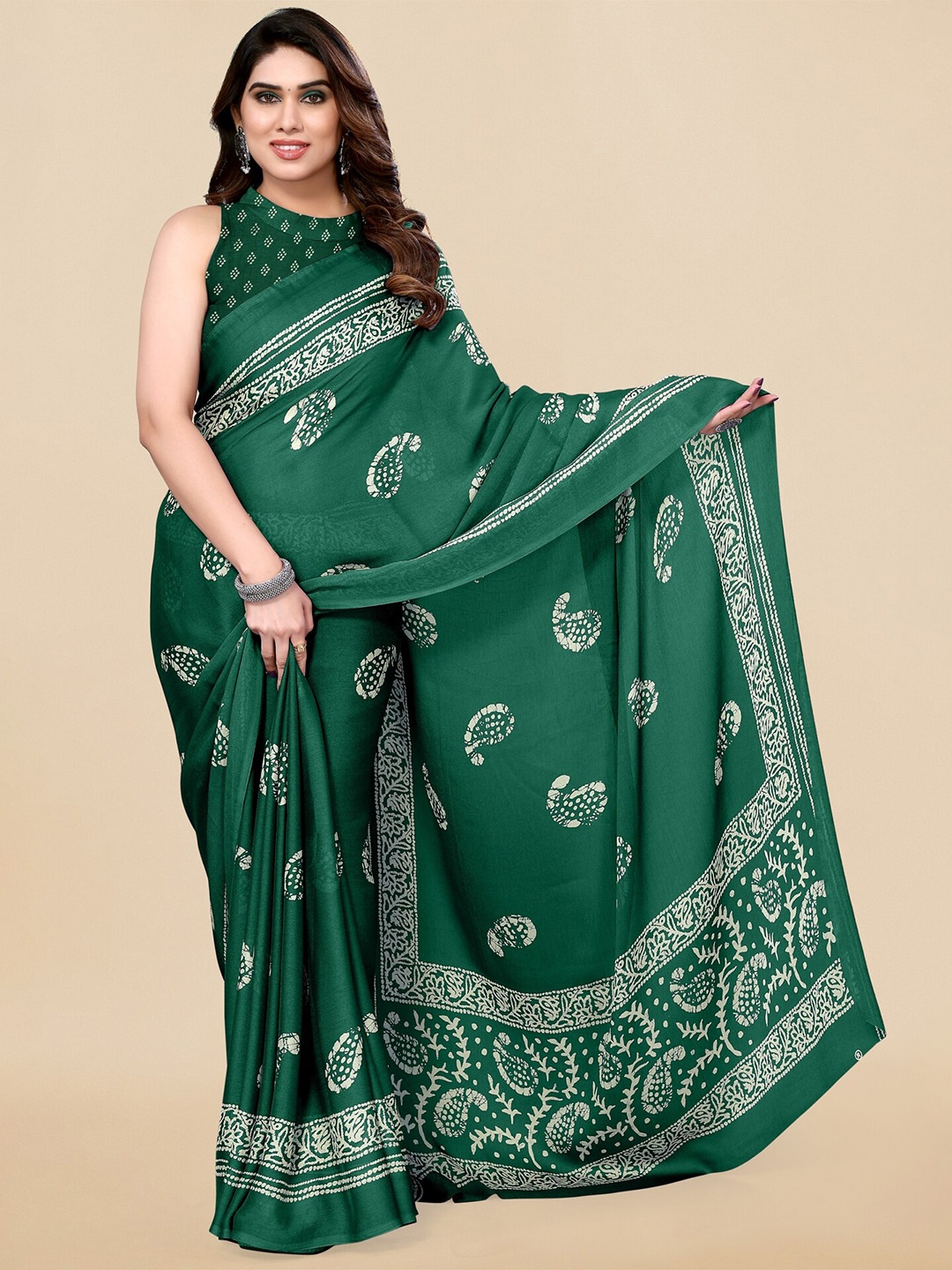 

KALINI Paisley Printed Block Print Saree, Green