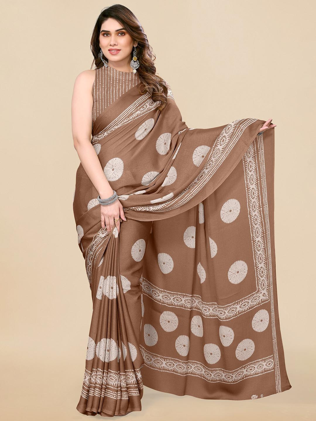 

KALINI Geometric Printed Block Print Saree, Brown