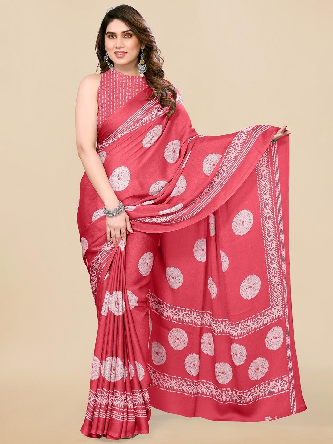 

KALINI Batik Chiffon Block Print Saree, Peach