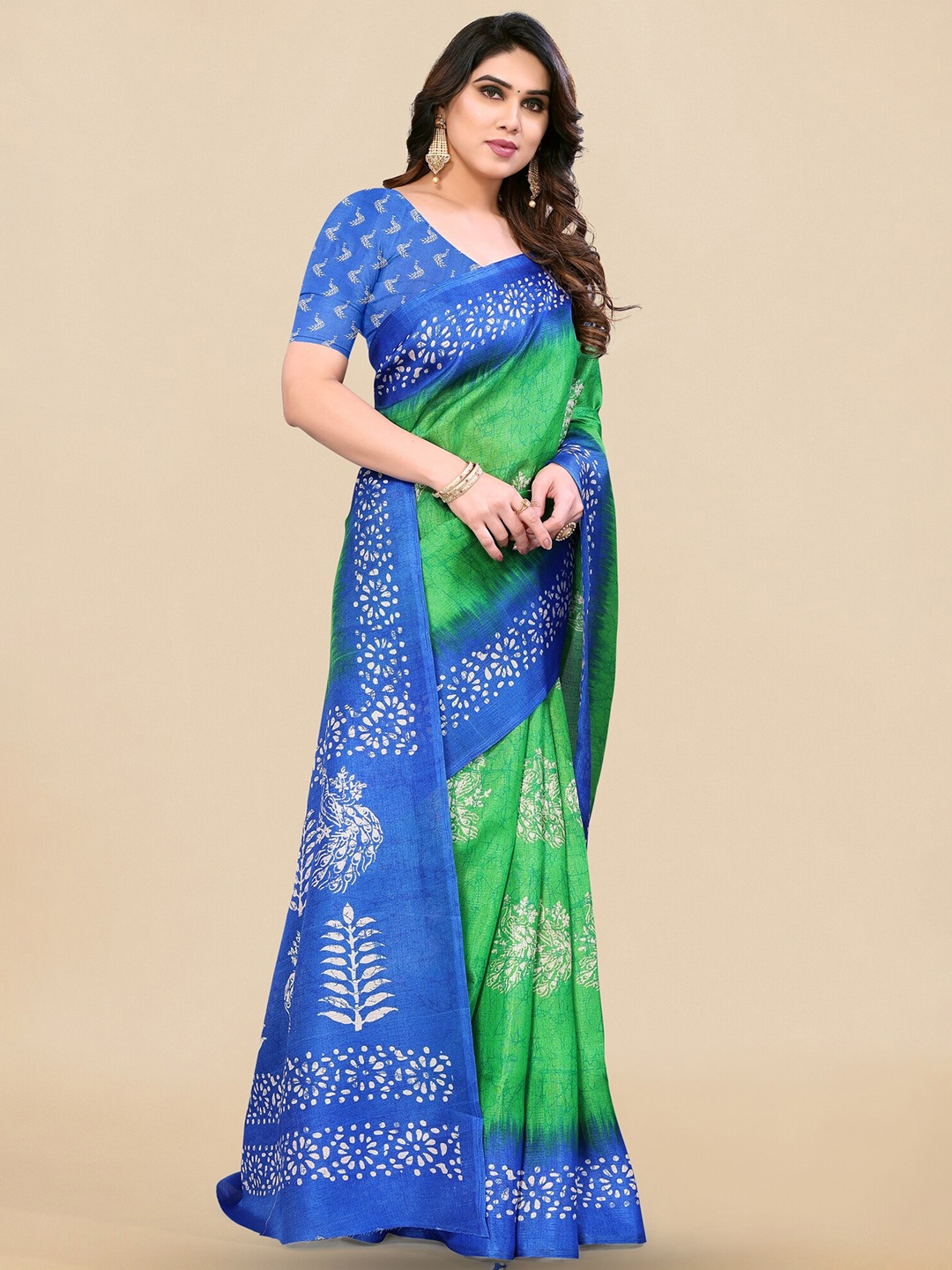 

KALINI Green & Blue Batik Art Silk Block Print Saree