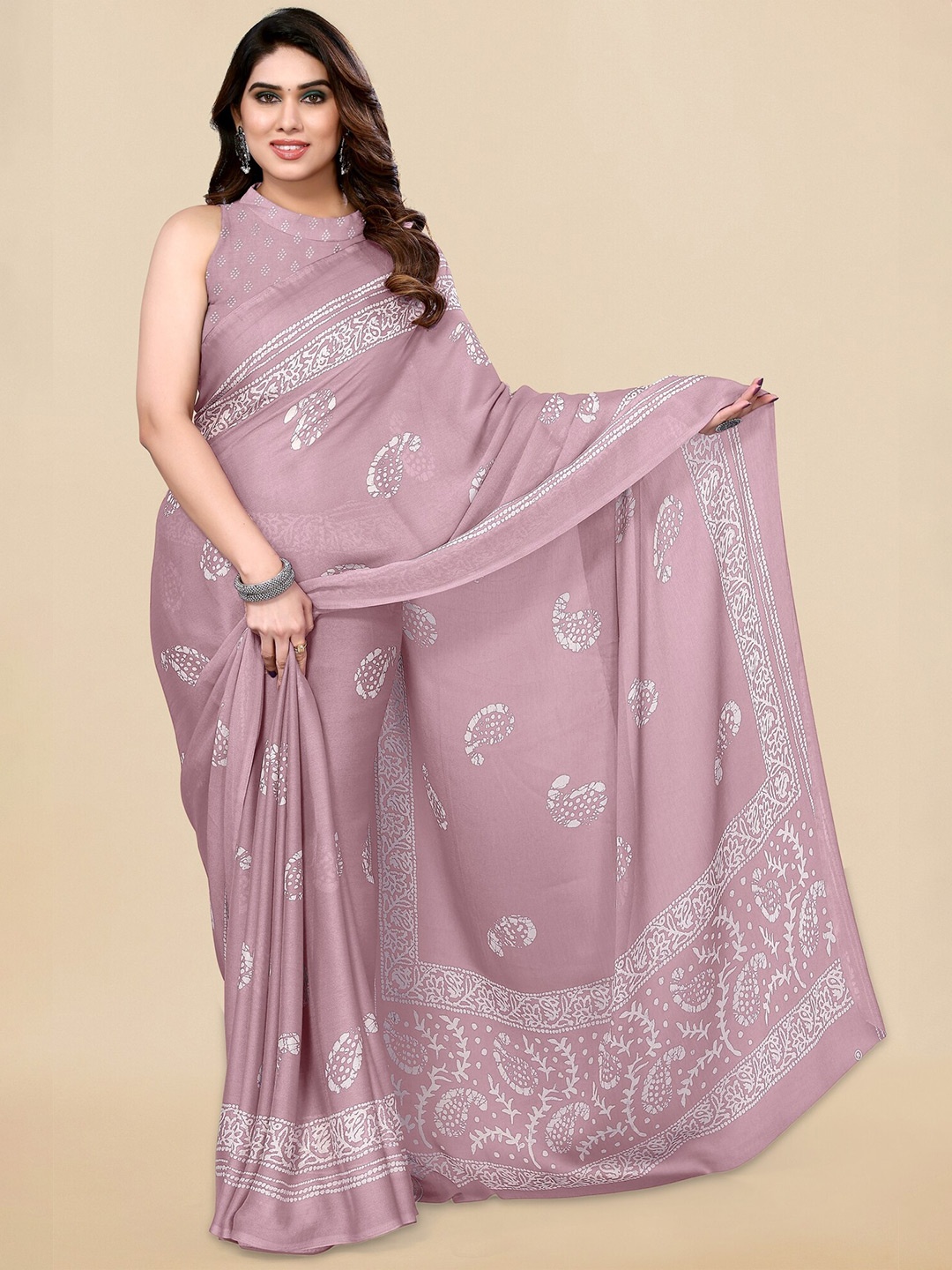 

KALINI Paisley Printed Block Print Saree, Pink