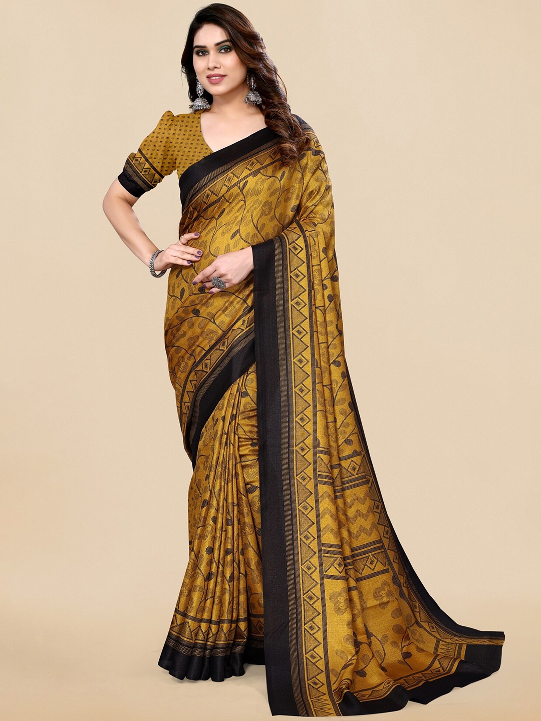 

KALINI Floral Printed Art Silk Saree, Mustard