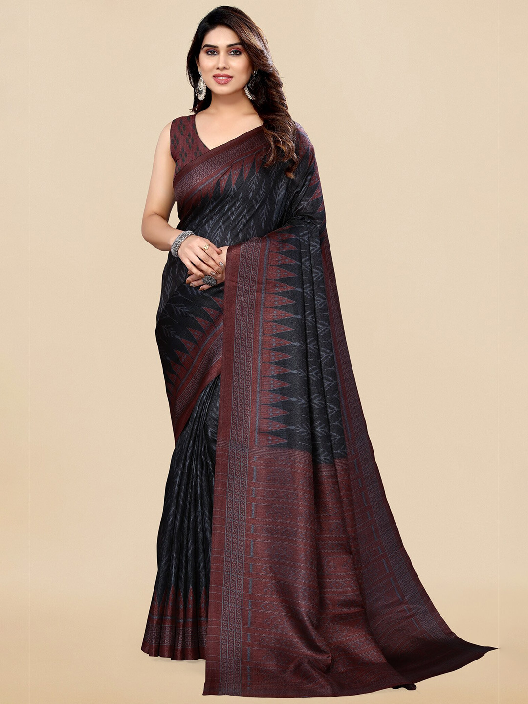 

KALINI Ethnic Motifs Printed Ikat Saree, Black