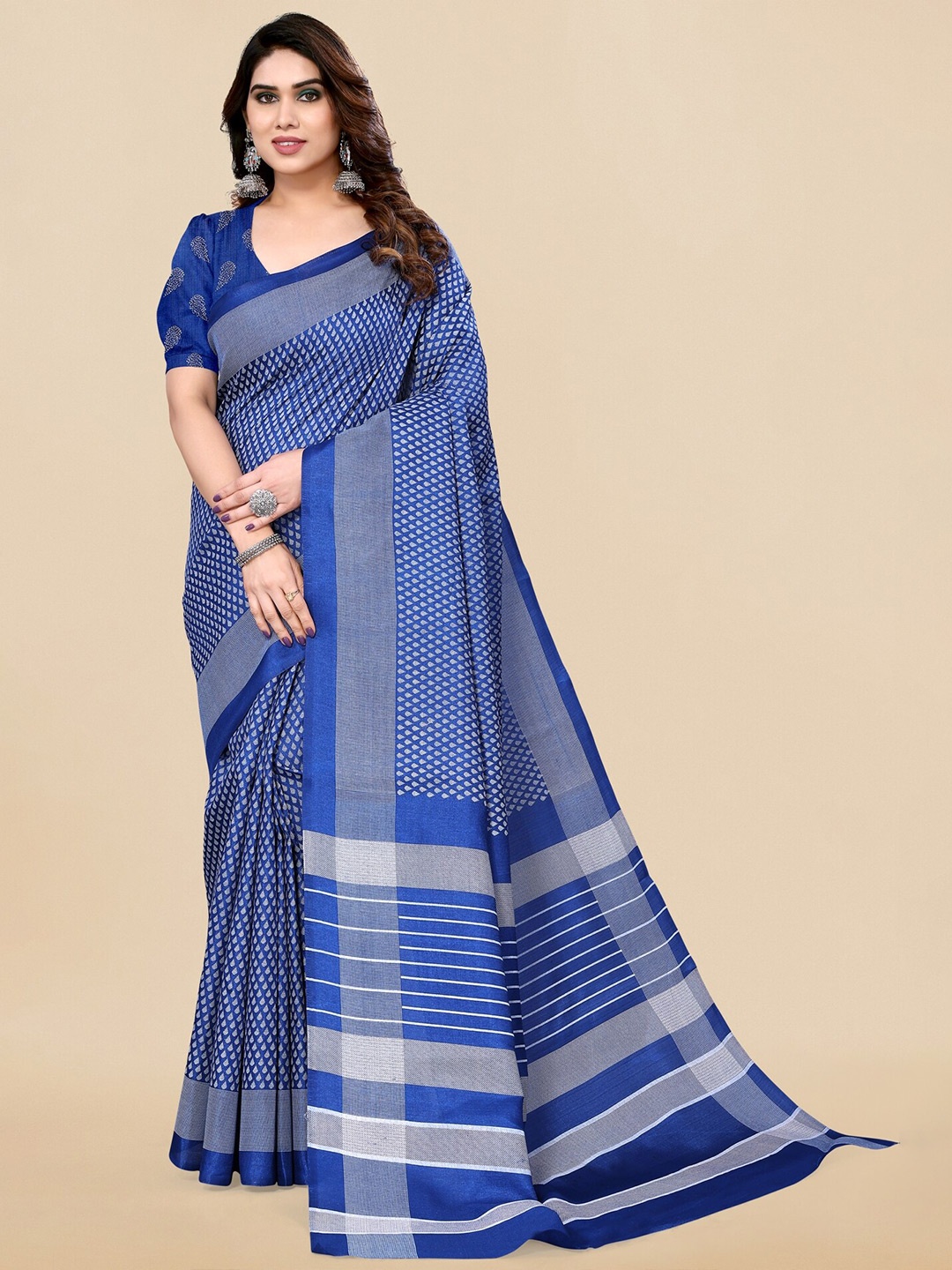 

KALINI Blue Striped Art Silk Block Print Saree