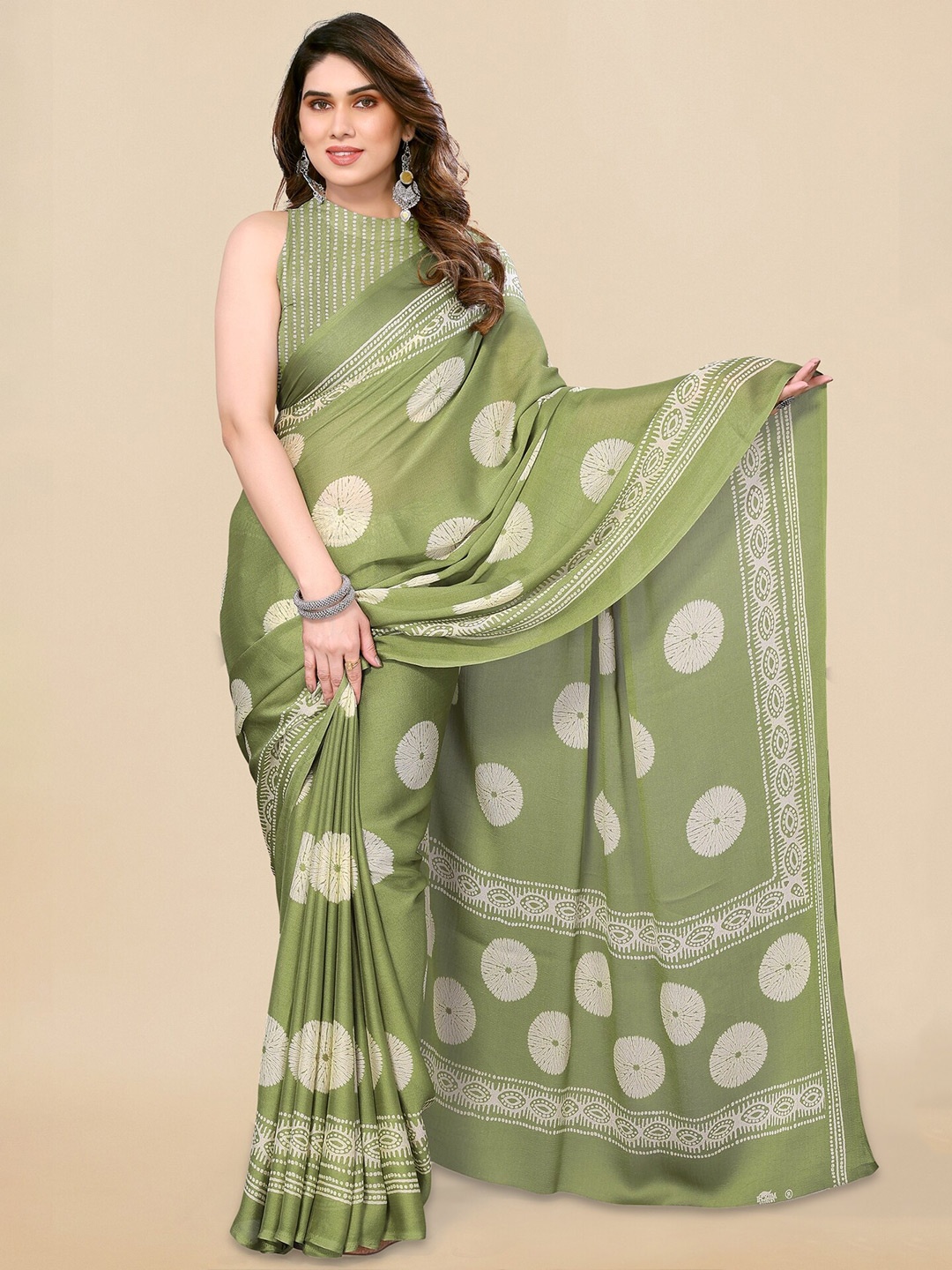 KALINI Ethnic Motifs Printed Block Print Saree, Green