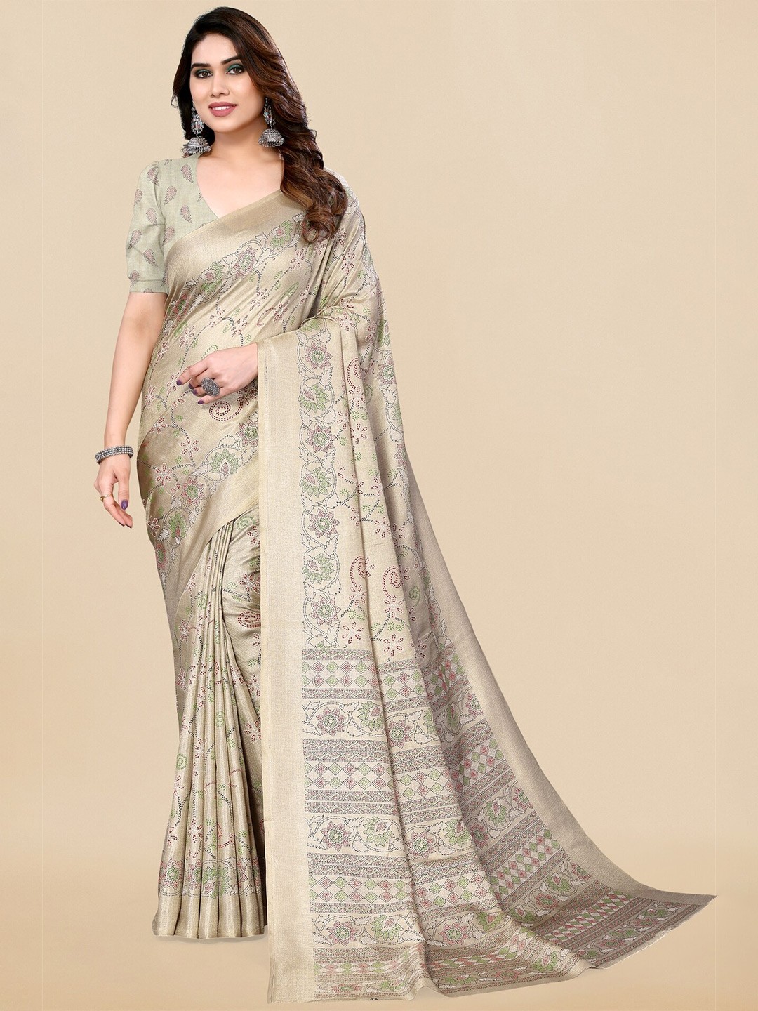 

KALINI Floral Printed Saree, Beige