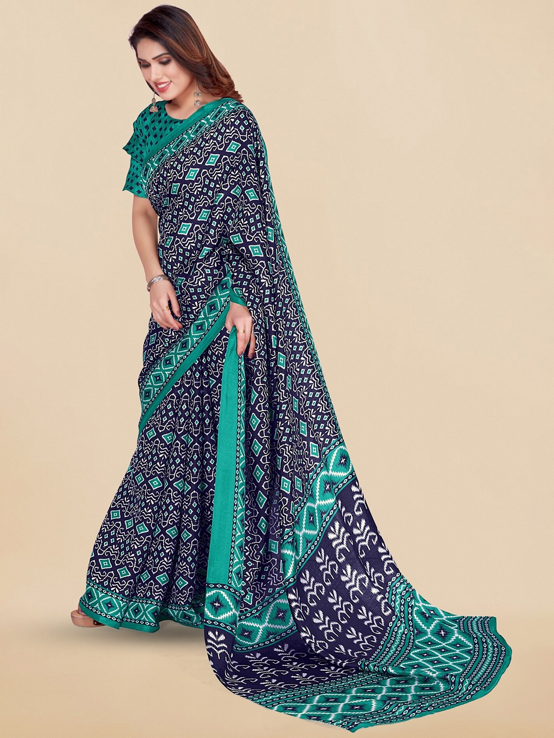 

KALINI Ethnic Motifs Printed Ikat Saree, Navy blue