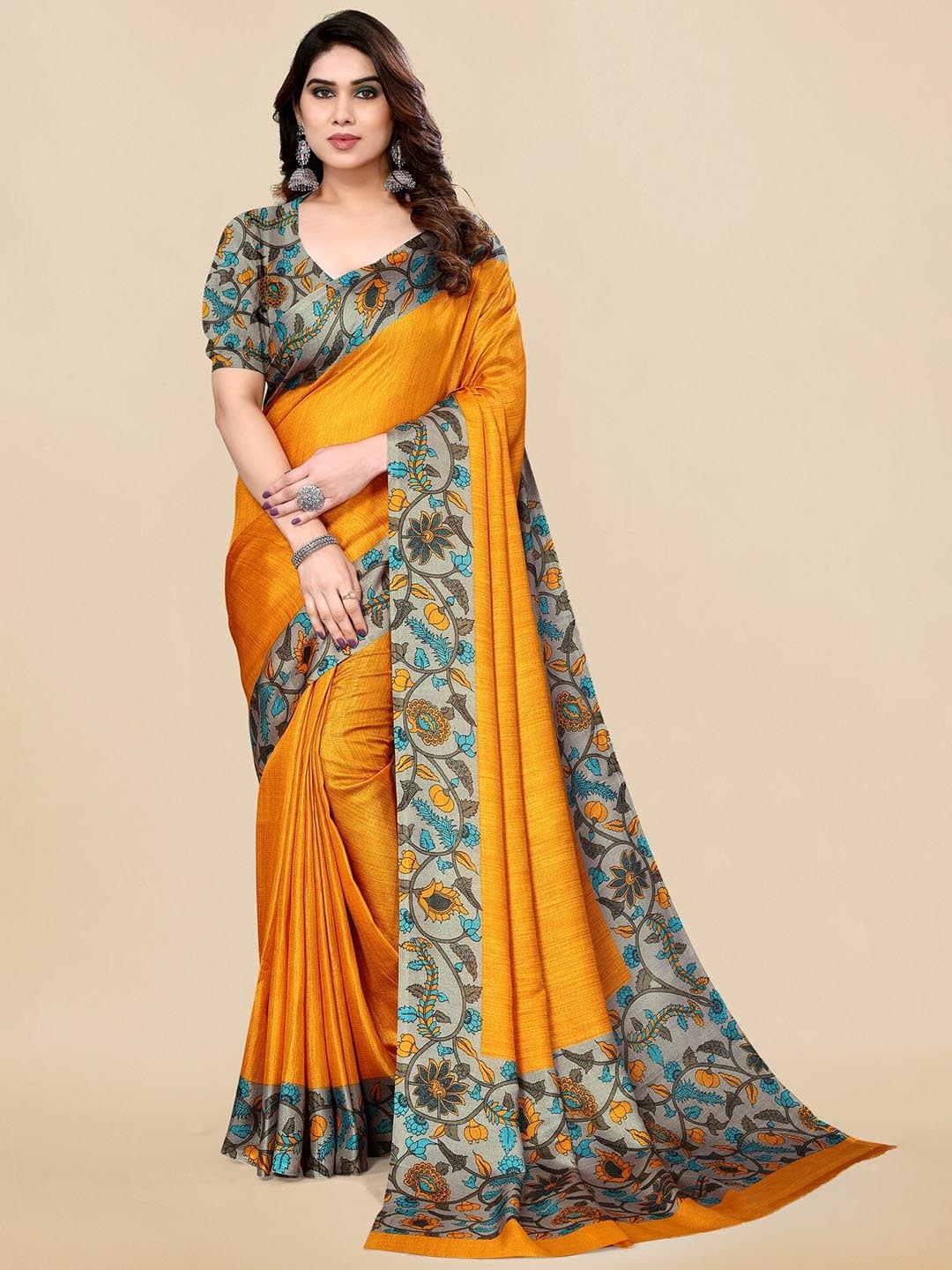 

KALINI Printed Border Saree, Yellow