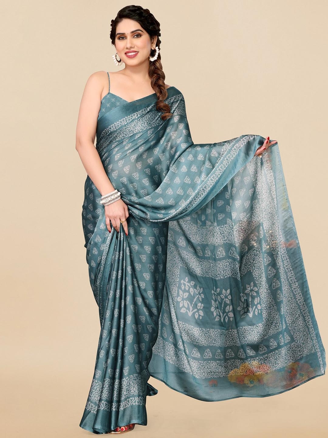 

KALINI Abstract Printed Block Print Saree, Teal