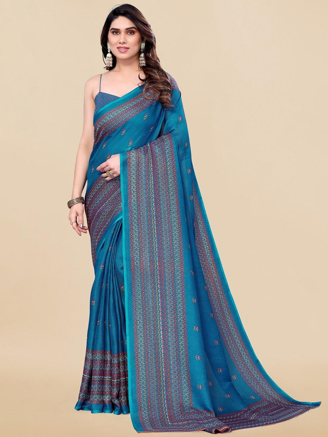 

KALINI Geometric Printed Jute Cotton Saree, Turquoise blue