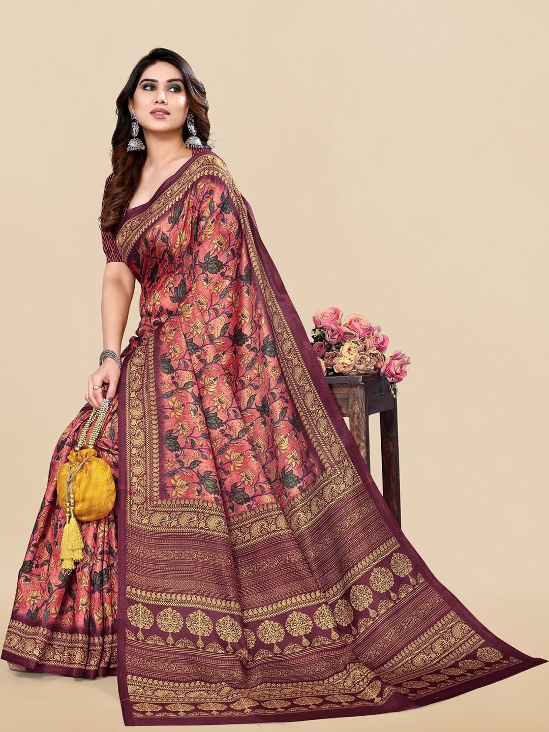 

KALINI Floral Printed Art Silk Saree, Peach