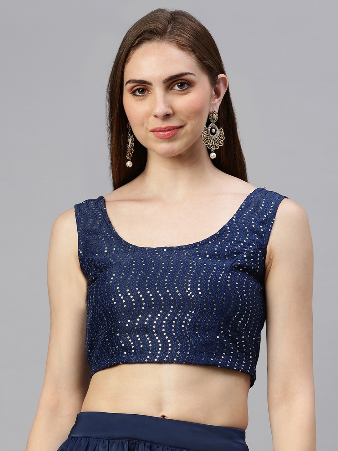 

De Moza Sequined Embroidered Sleeveless Saree Blouse, Navy blue