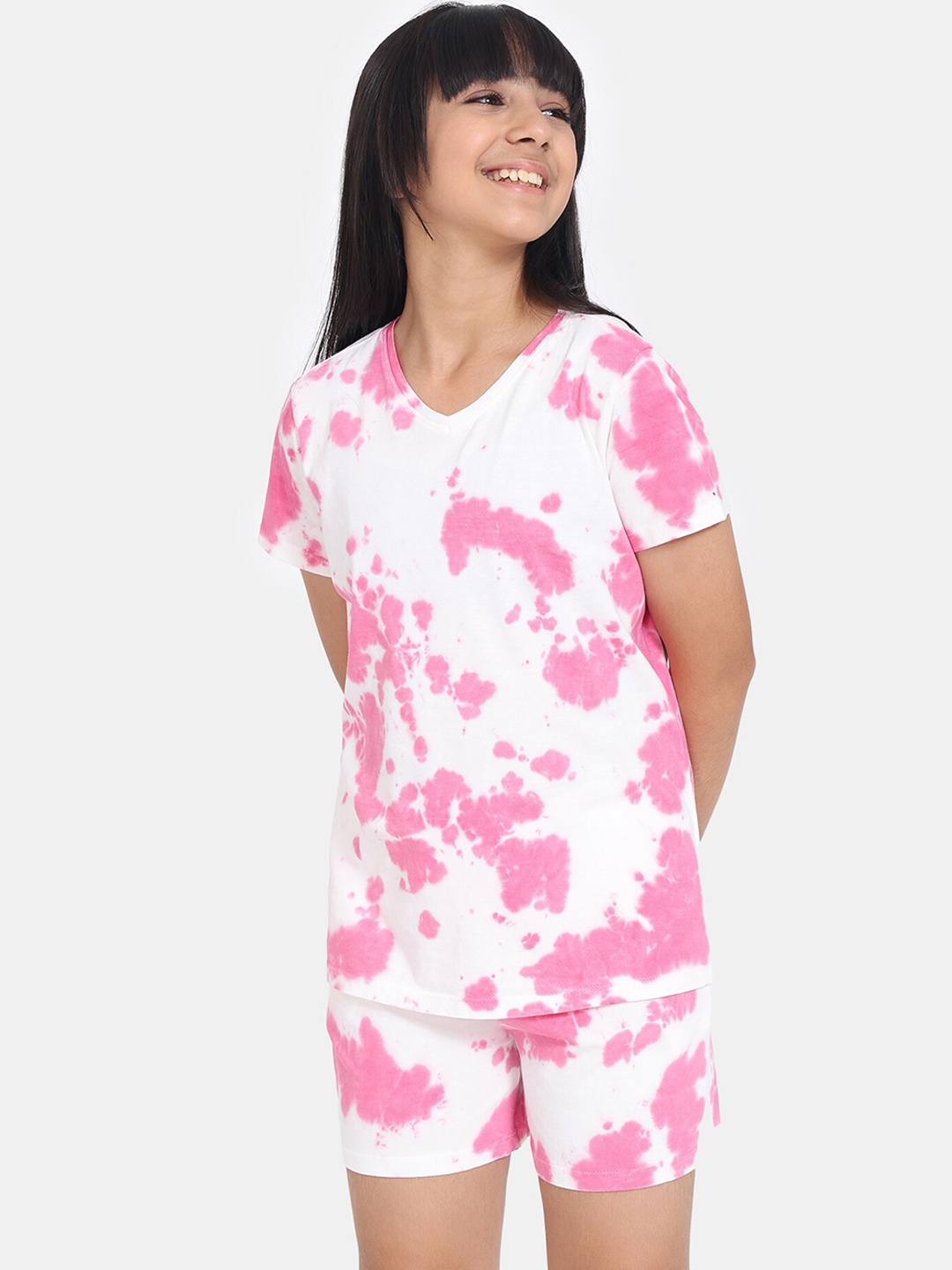 

Zivame Girls Tie and Dye Printed V-Neck Pure Cotton Night suit, Pink