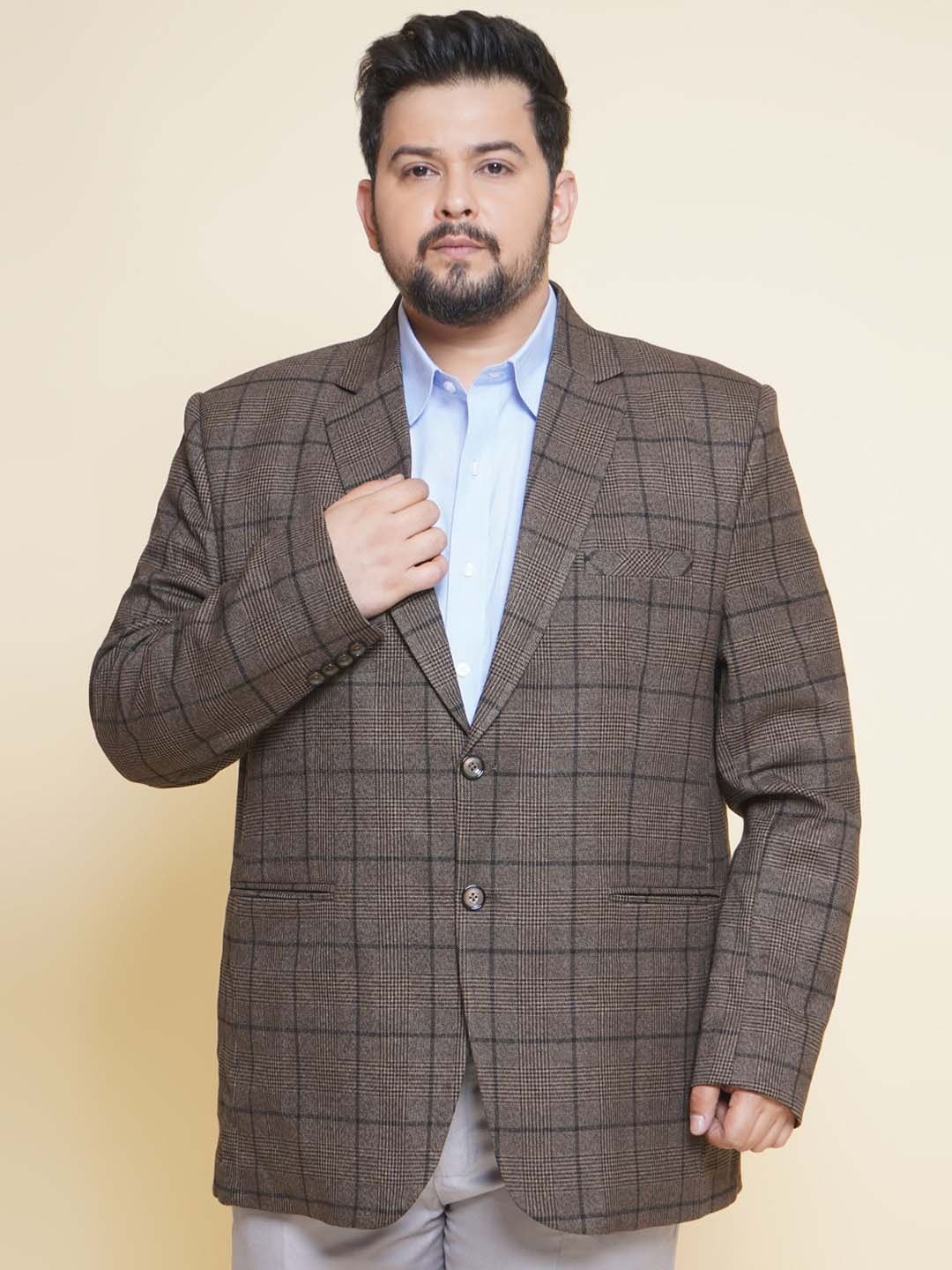 

John Pride Plus Size Checked Single Breasted Formal Blazer, Brown