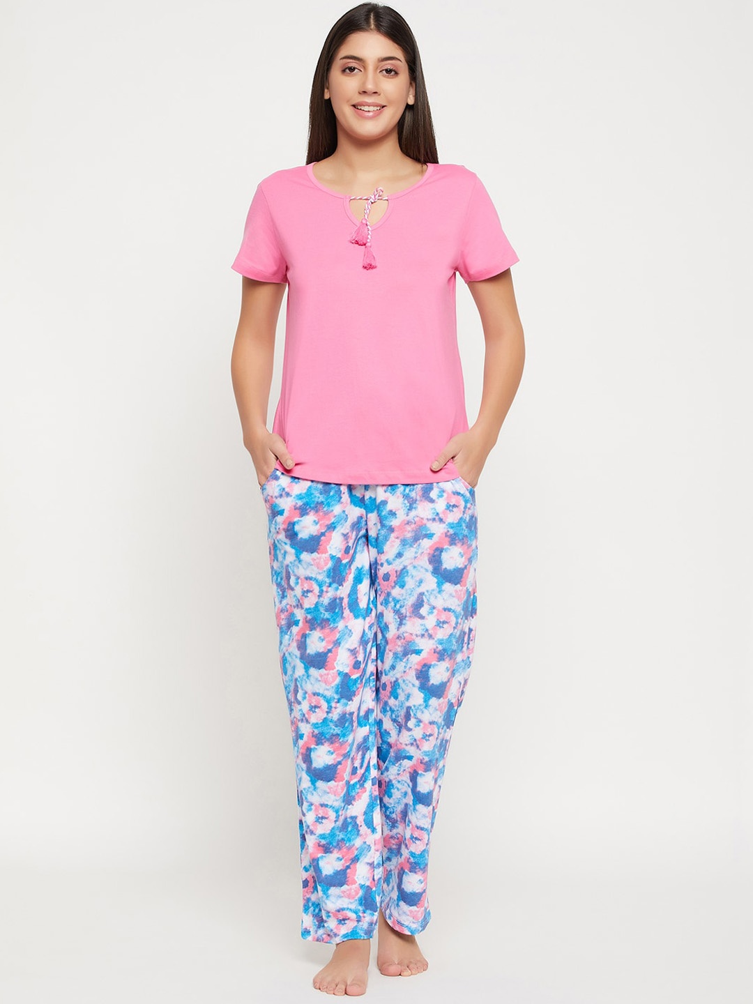 

Clovia Pink & Blue Round Neck Pure Cotton Night suit