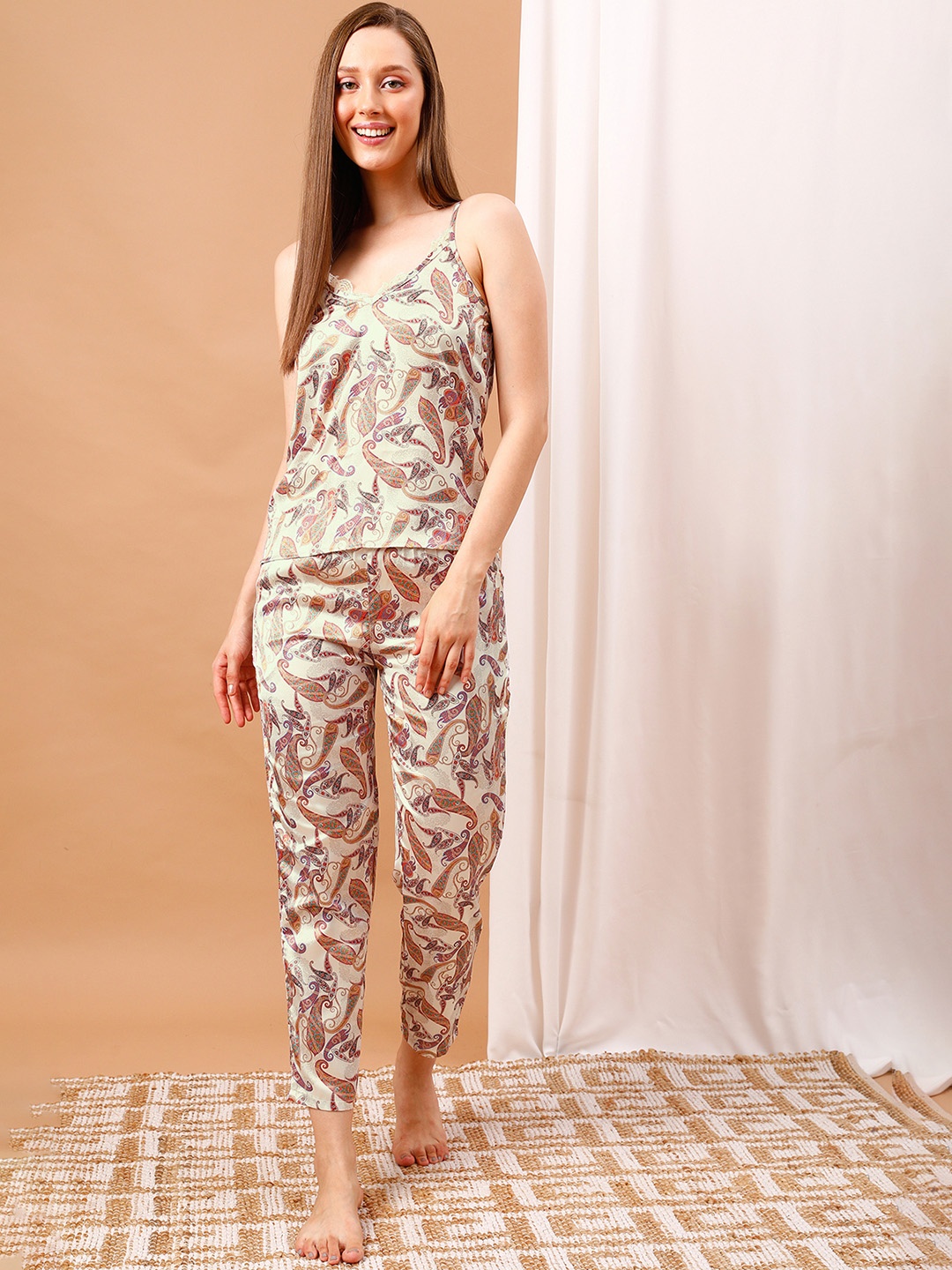 

Clovia Beige Ethnic Motifs Printed Satin Top & Pyjamas