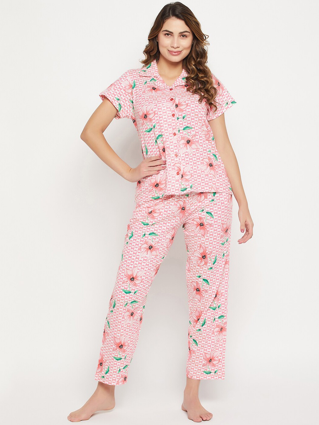

Clovia Peach-Coloured Floral Printed Lapel Collar Pure Cotton Night suit, Pink