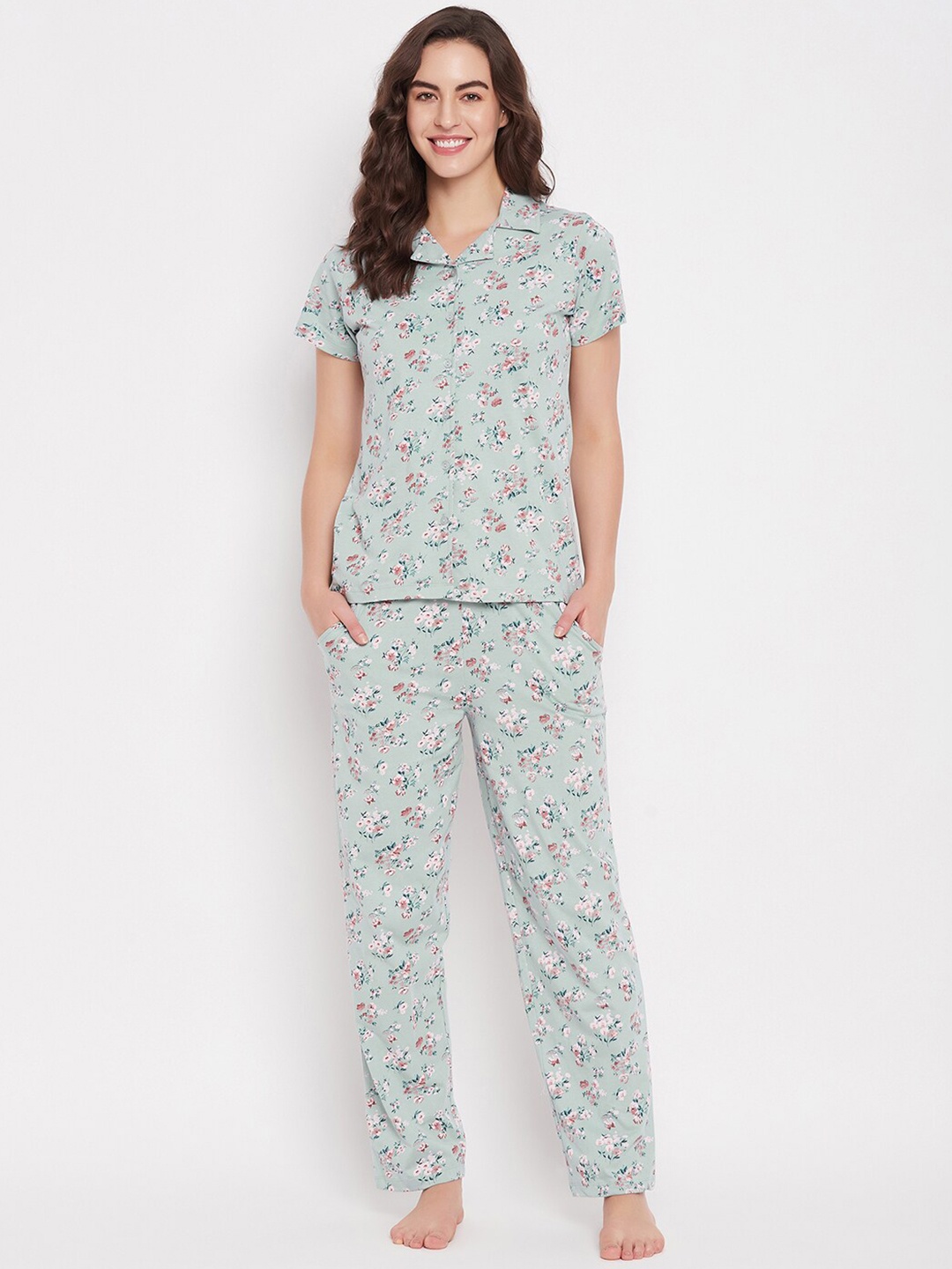 

Clovia Green Floral Printed Pure Cotton Cotton Shirt & Pyjamas