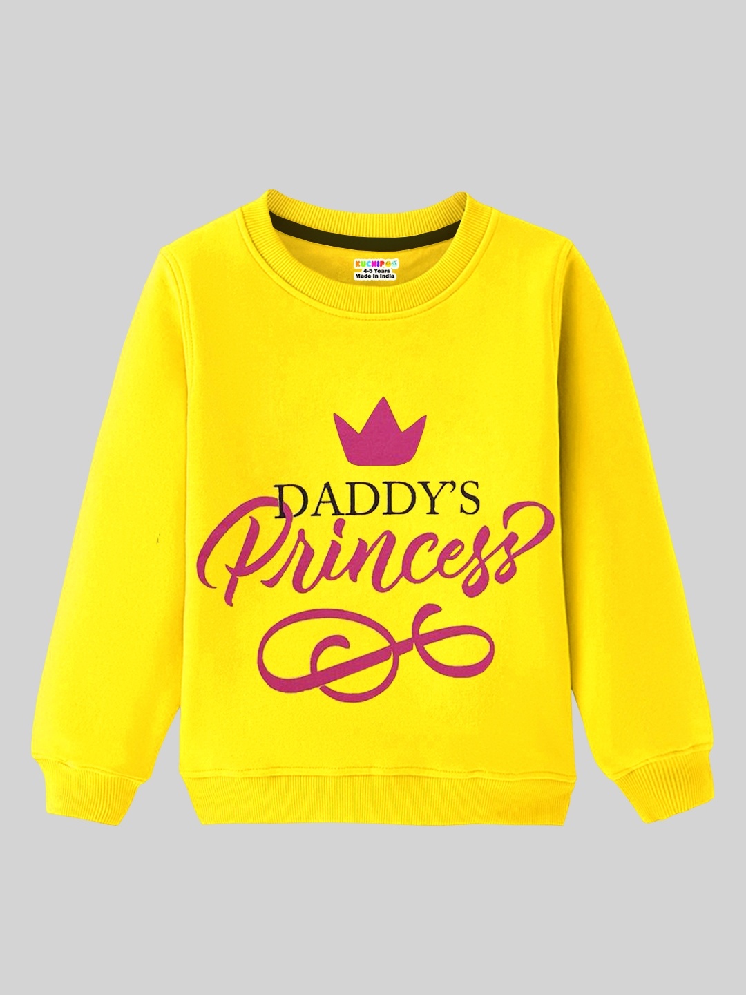 

KUCHIPOO Girls Typography Printed Fleece Pullover, Yellow