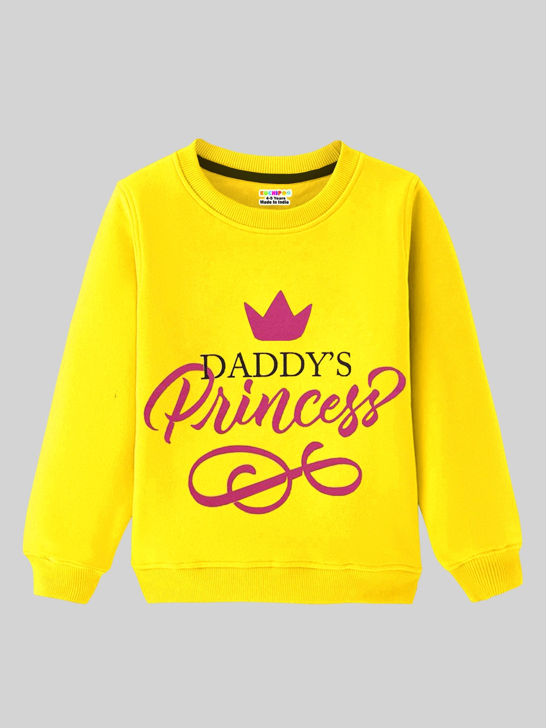 

KUCHIPOO Girls Typography Printed Fleece Sweatshirt, Yellow