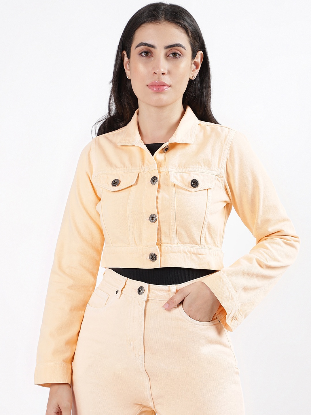 

Iconic Pure Cotton Crop Denim Jacket, Orange