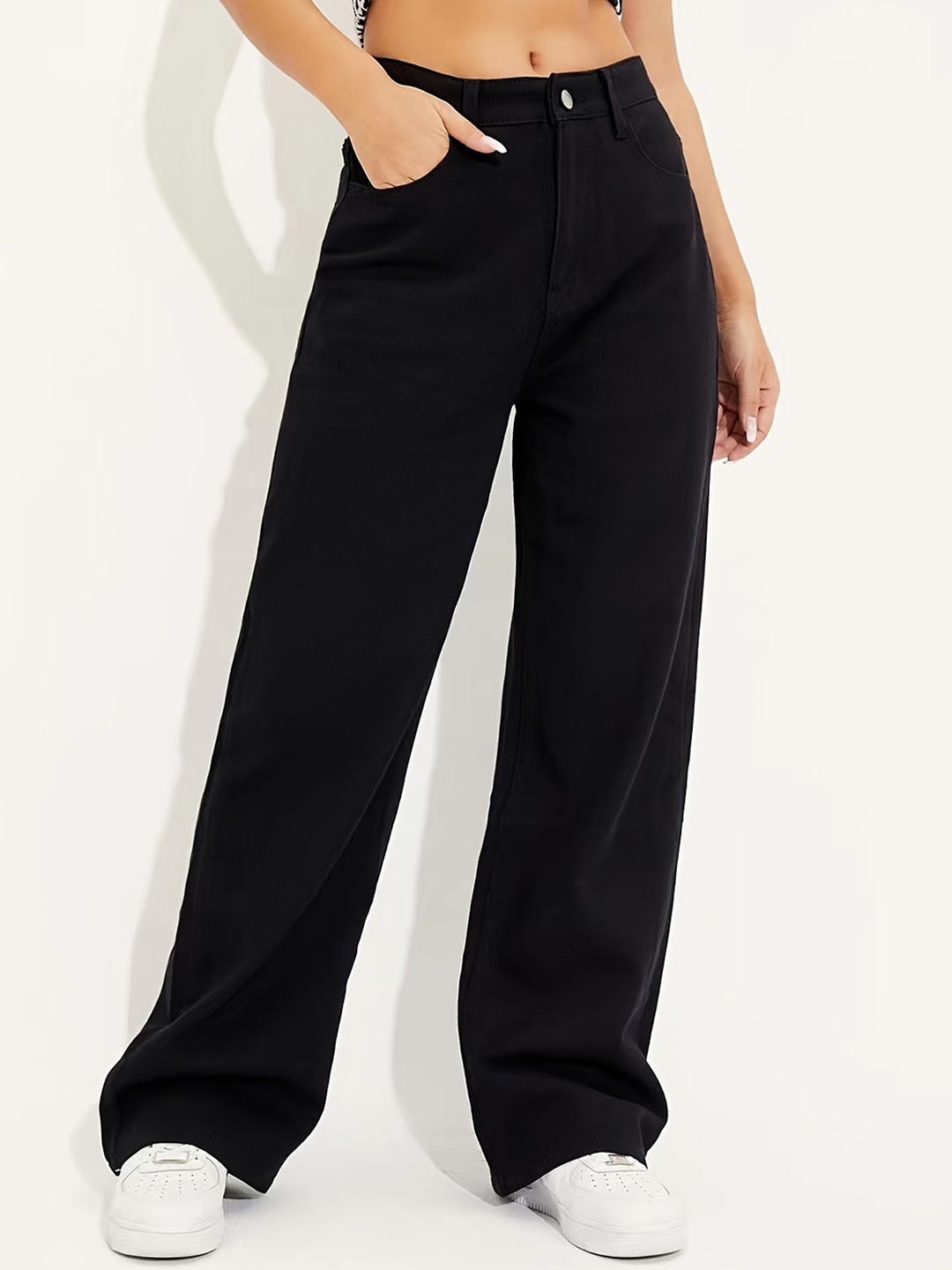 

AAHWAN Women Wide Leg High-Rise Stretchable Jeans, Black