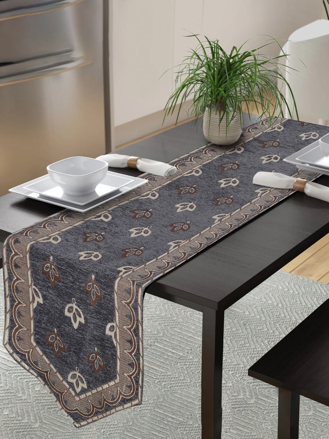 

Slushy Mushy Grey Brown Floral Printed Pure Cotton Table Runners