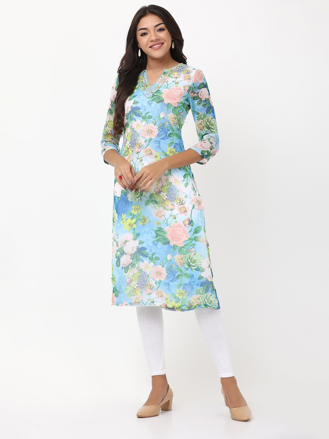 

TSM Floral Printed & Embroidered Straight Kurta, Blue