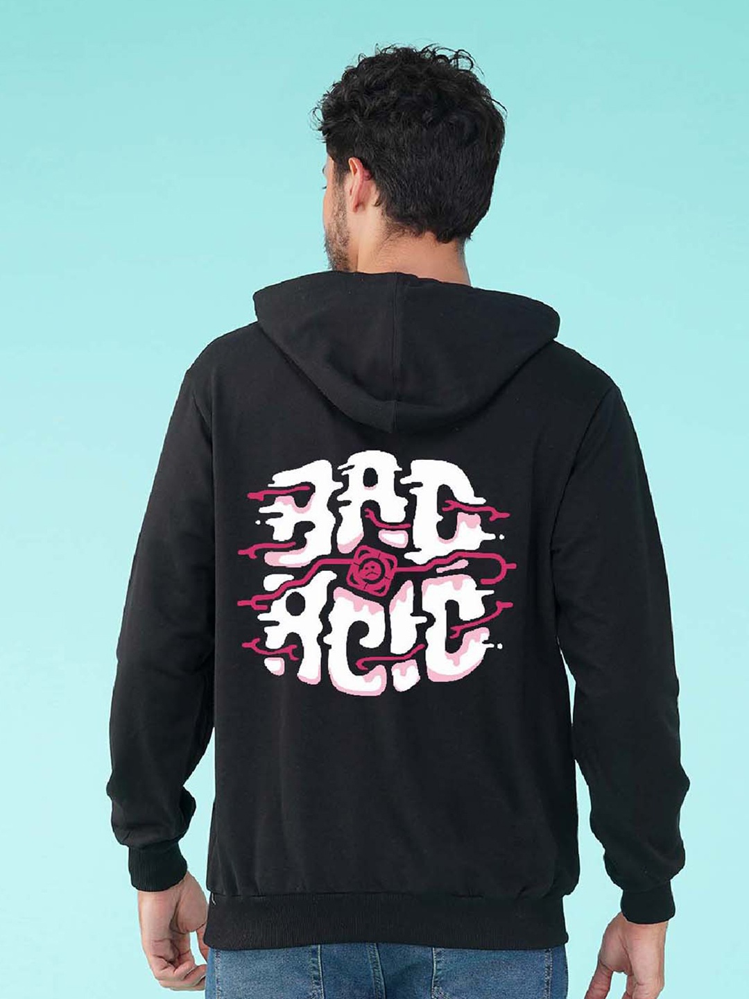 

NUSYL Typography Printed Hooded Fleece Pullover, Black