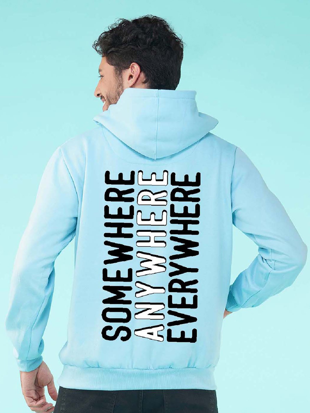 

NUSYL Typography Printed Hooded Fleece Pullover Sweatshirt, Blue