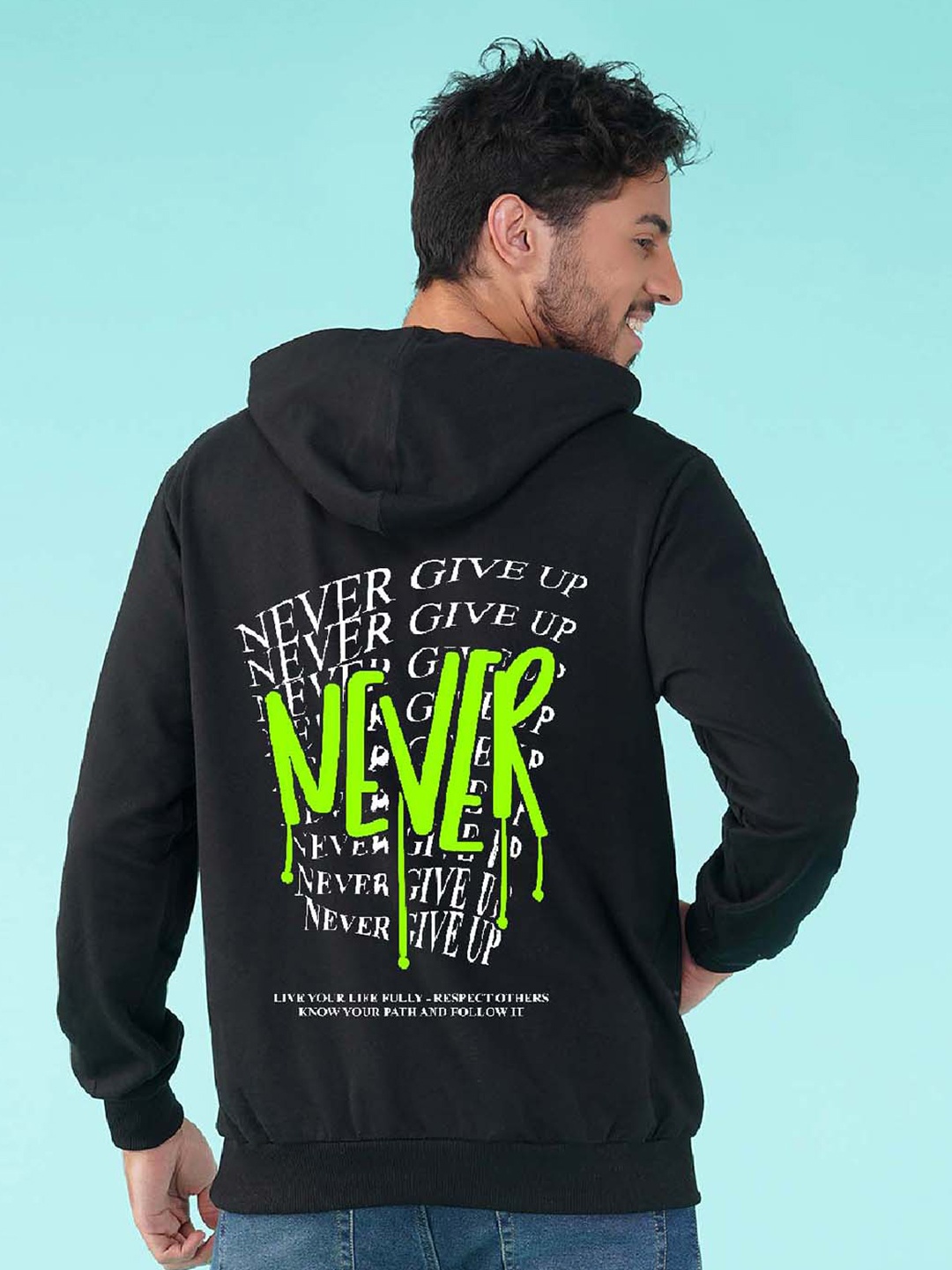 

NUSYL Typography Printed Hooded Fleece Pullover, Black