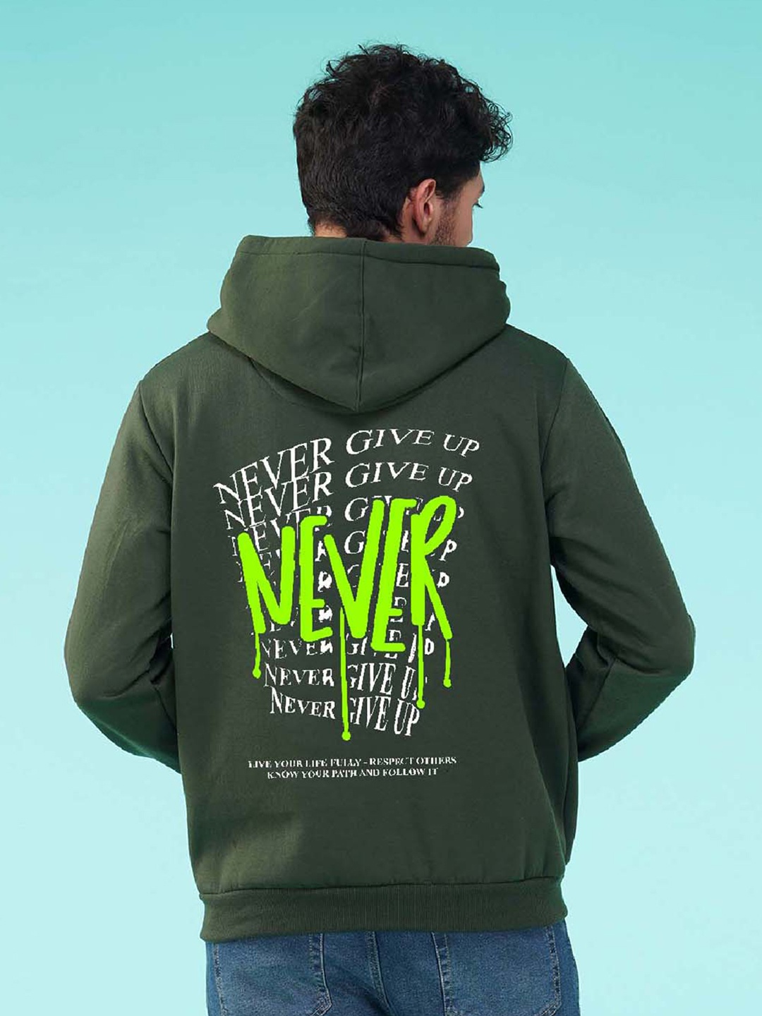 

NUSYL Typography Printed Hooded Fleece Sweatshirt, Olive