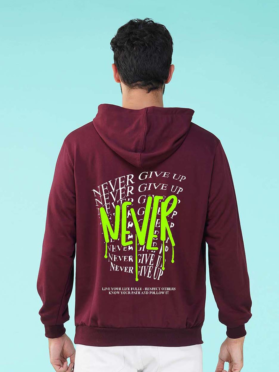 

NUSYL Typography Printed Hooded Fleece Pullover, Maroon